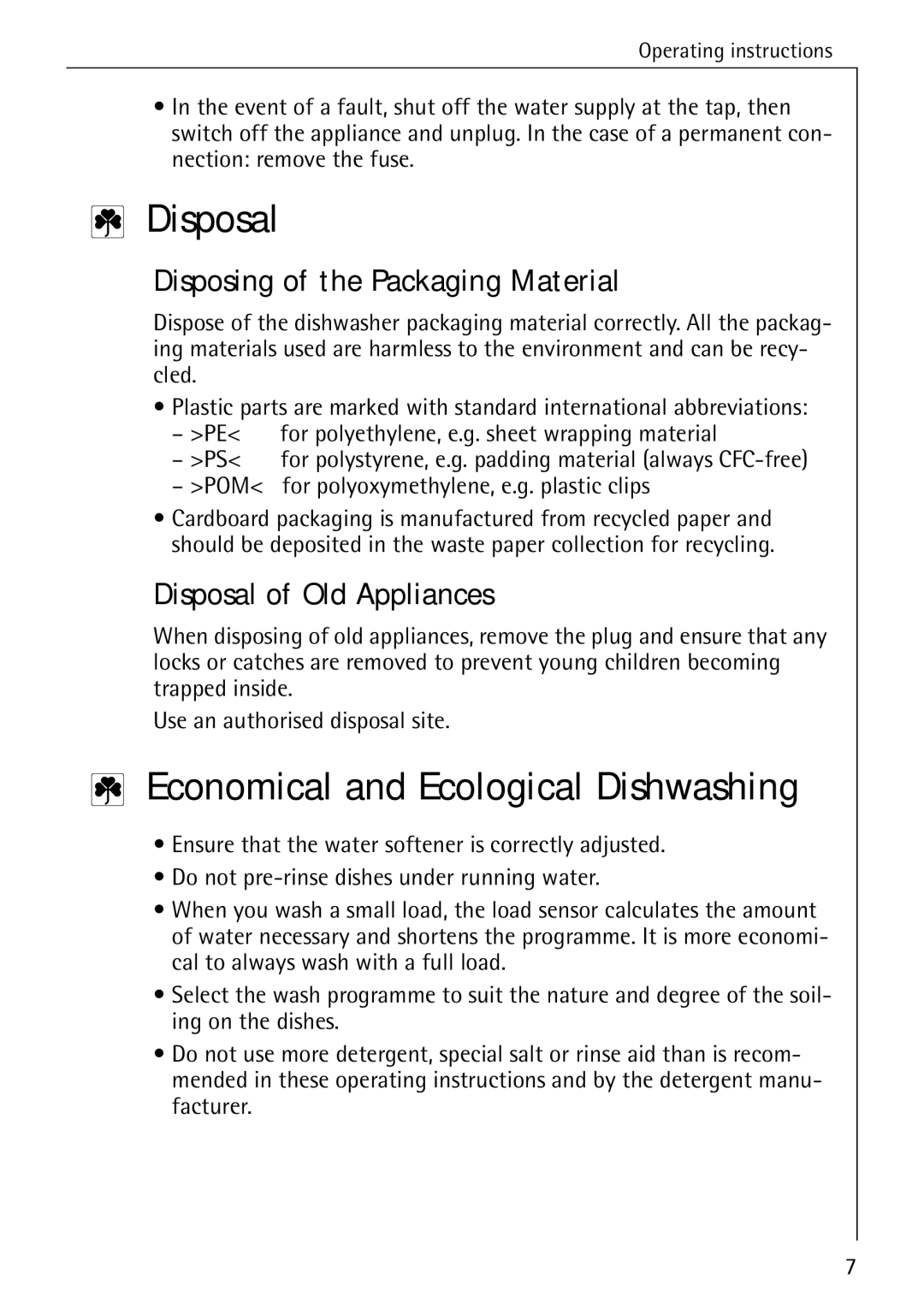 Electrolux 5070 manual Disposal, Economical and Ecological Dishwashing, Disposing of the Packaging Material 