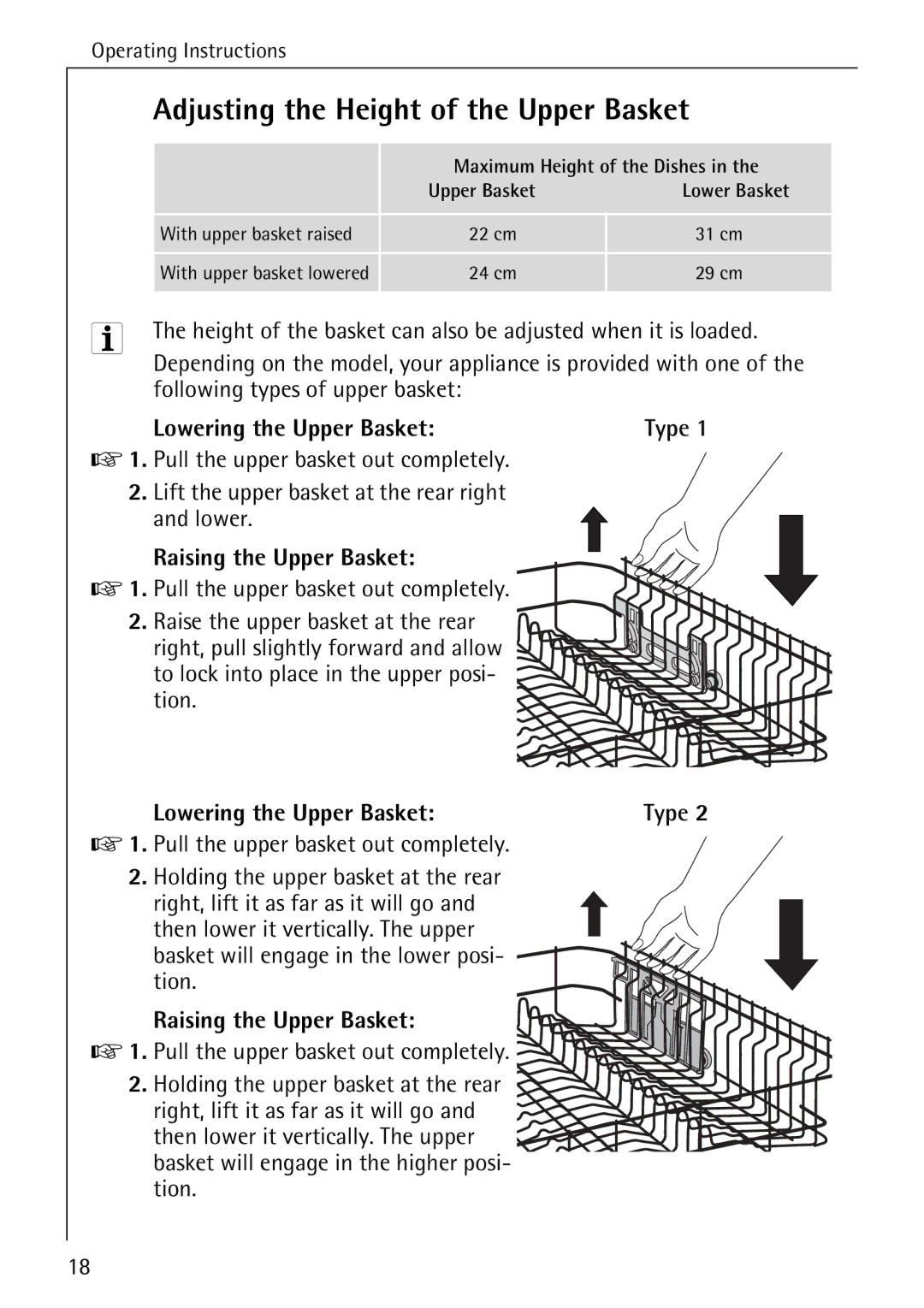 Electrolux 50700 manual Adjusting the Height of the Upper Basket, Lowering the Upper Basket Type, Raising the Upper Basket 