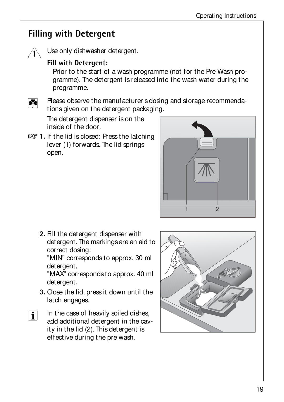 Electrolux 50750 i manual Filling with Detergent, Use only dishwasher detergent, Fill with Detergent 