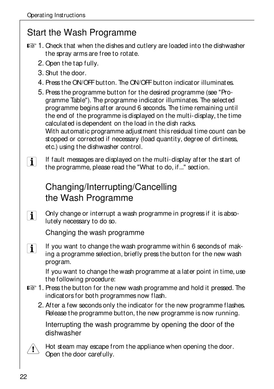 Electrolux 50750 i manual Start the Wash Programme, Changing/Interrupting/Cancelling, Changing the wash programme 