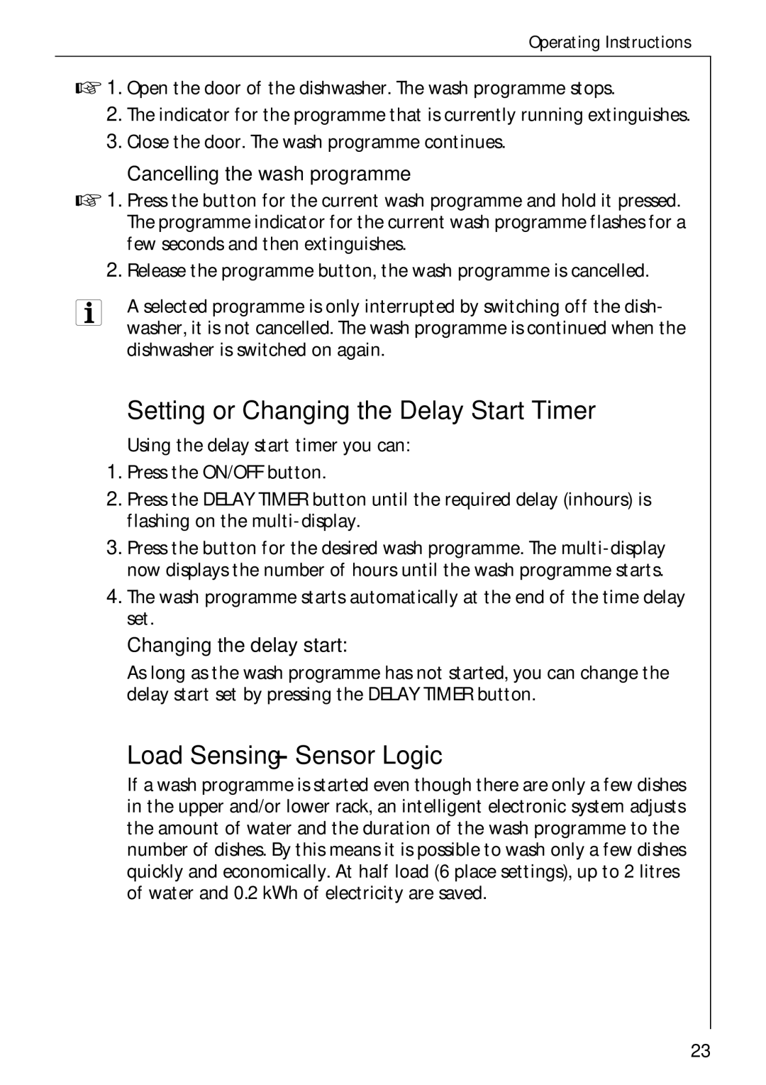 Electrolux 50750 i Setting or Changing the Delay Start Timer, Load Sensing Sensor Logic, Cancelling the wash programme 