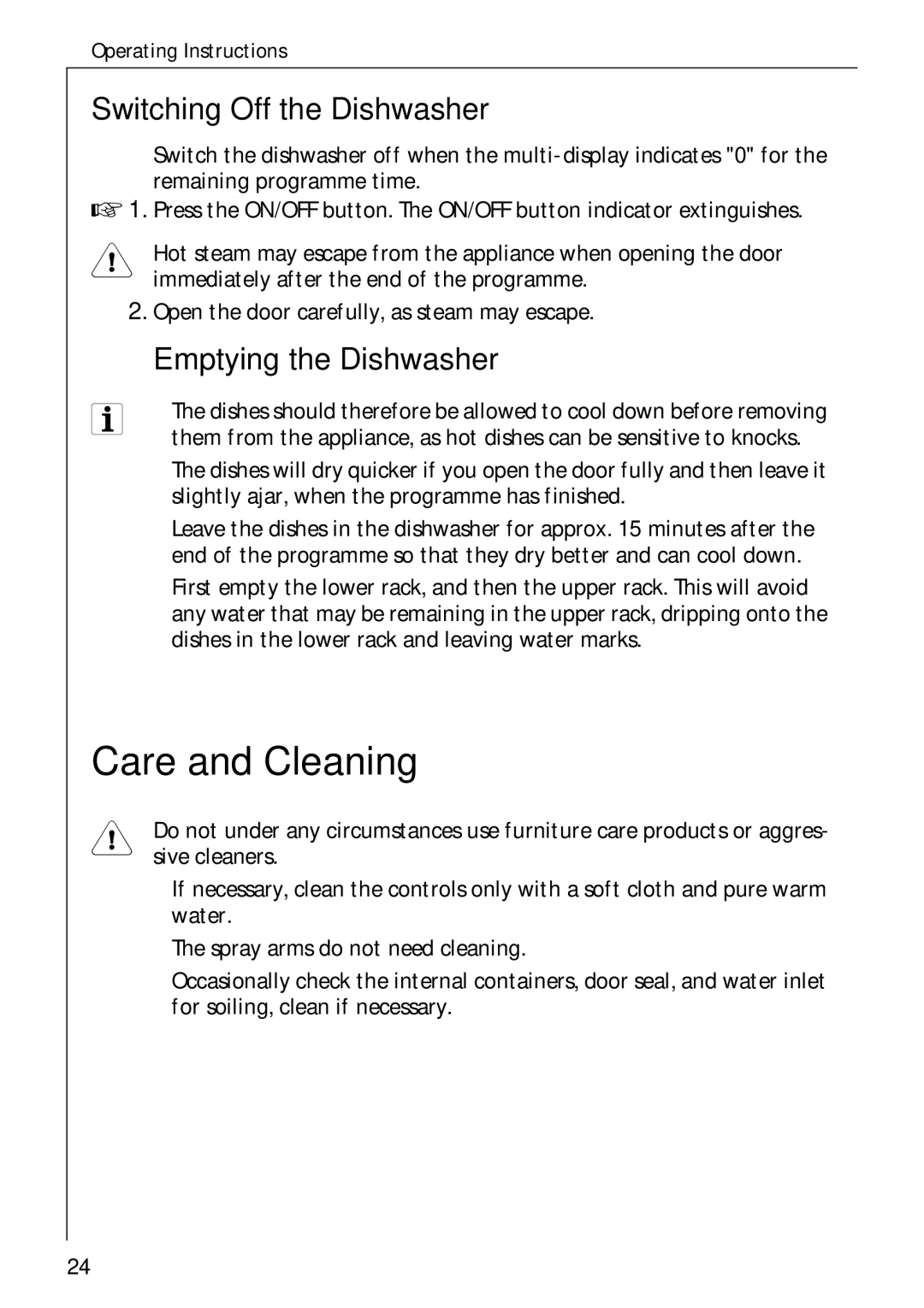 Electrolux 50750 i manual Care and Cleaning, Switching Off the Dishwasher, Emptying the Dishwasher 