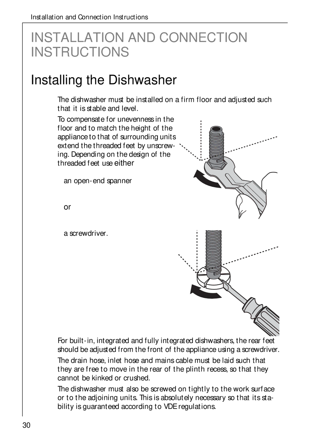 Electrolux 50750 i manual Installing the Dishwasher, An open-end spanner Screwdriver 