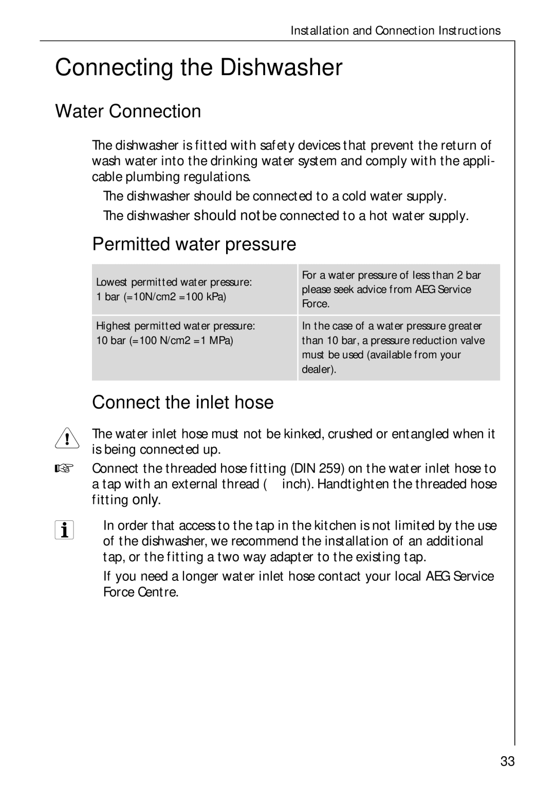 Electrolux 50750 i manual Connecting the Dishwasher, Water Connection, Permitted water pressure, Connect the inlet hose 