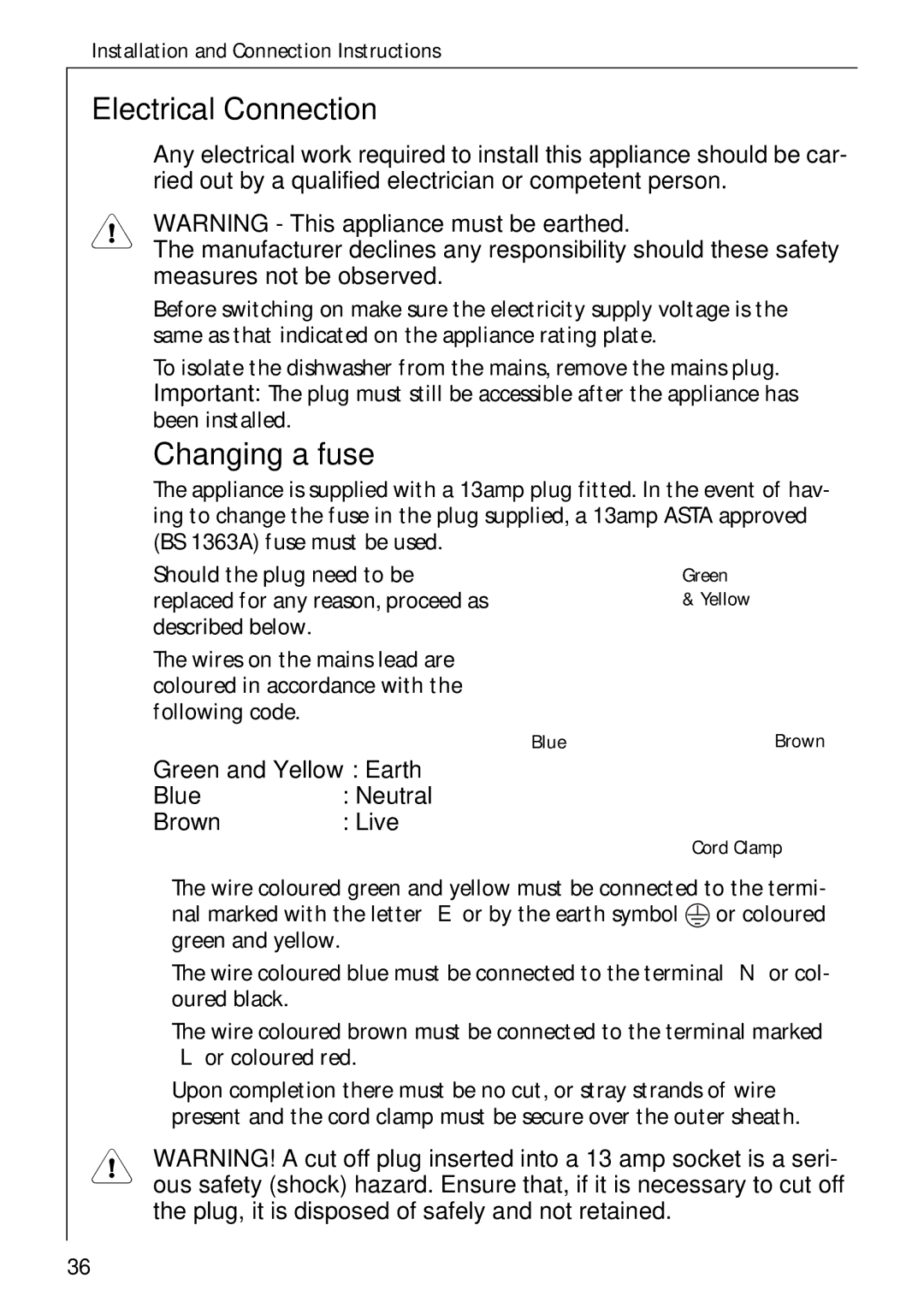 Electrolux 50750 i manual Electrical Connection, Changing a fuse 