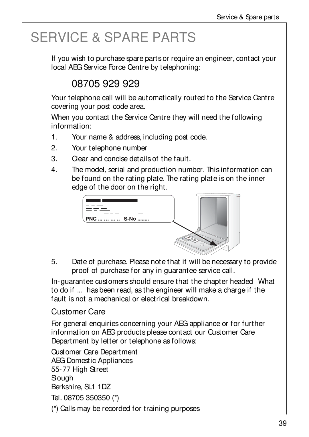 Electrolux 50750 i manual 08705 929, Customer Care, Calls may be recorded for training purposes 