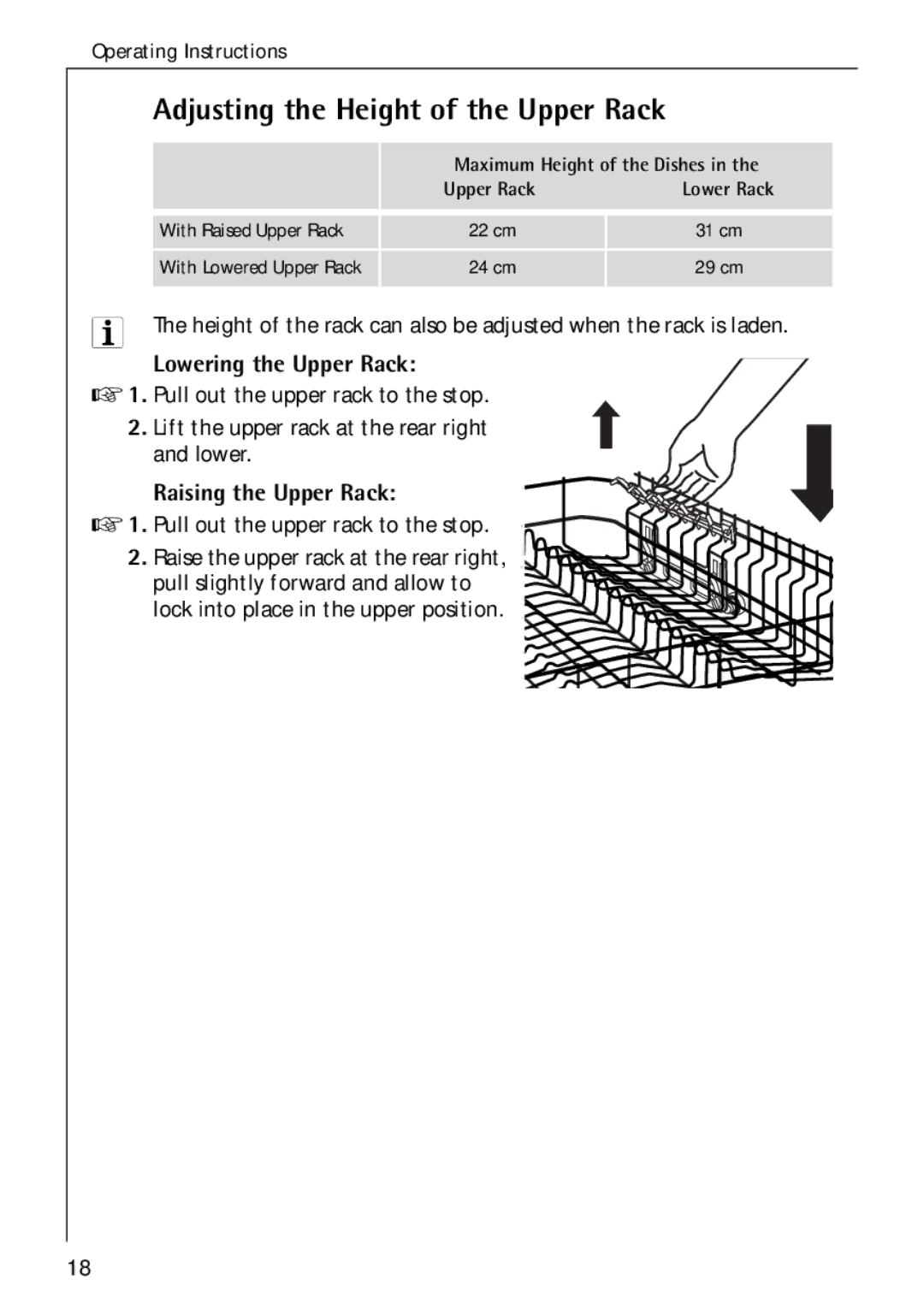 Electrolux 50750 VI manual Adjusting the Height of the Upper Rack, Lowering the Upper Rack, Raising the Upper Rack 