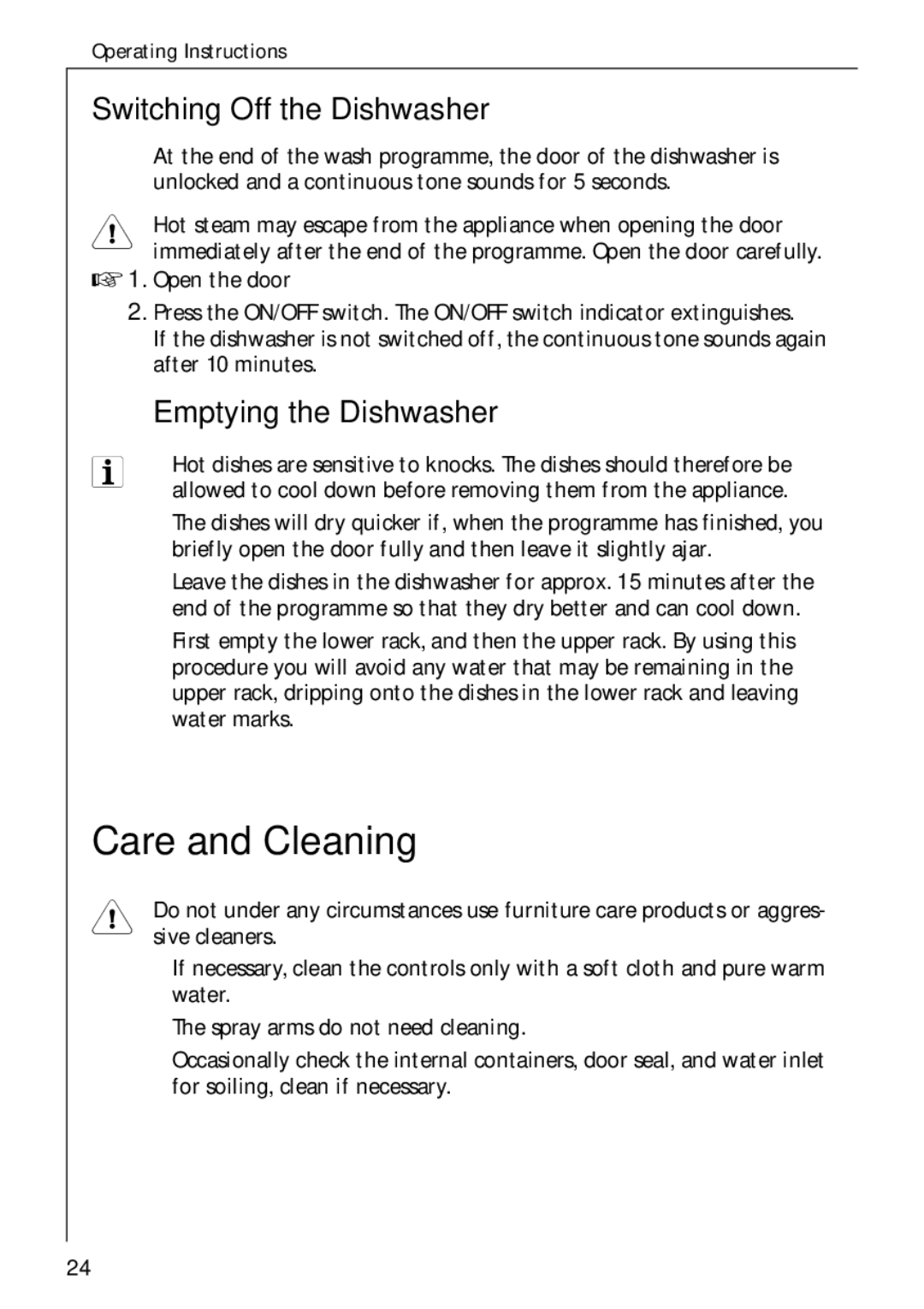 Electrolux 50750 VI manual Care and Cleaning, Switching Off the Dishwasher, Emptying the Dishwasher, Sive cleaners 