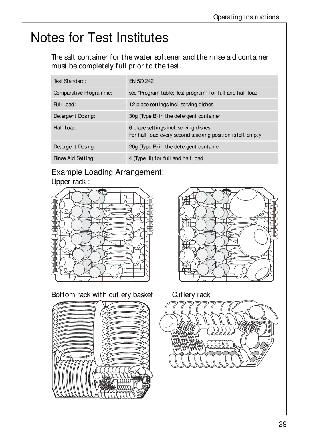 Electrolux 50750 VI manual Example Loading Arrangement, Upper rack Bottom rack with cutlery basket 