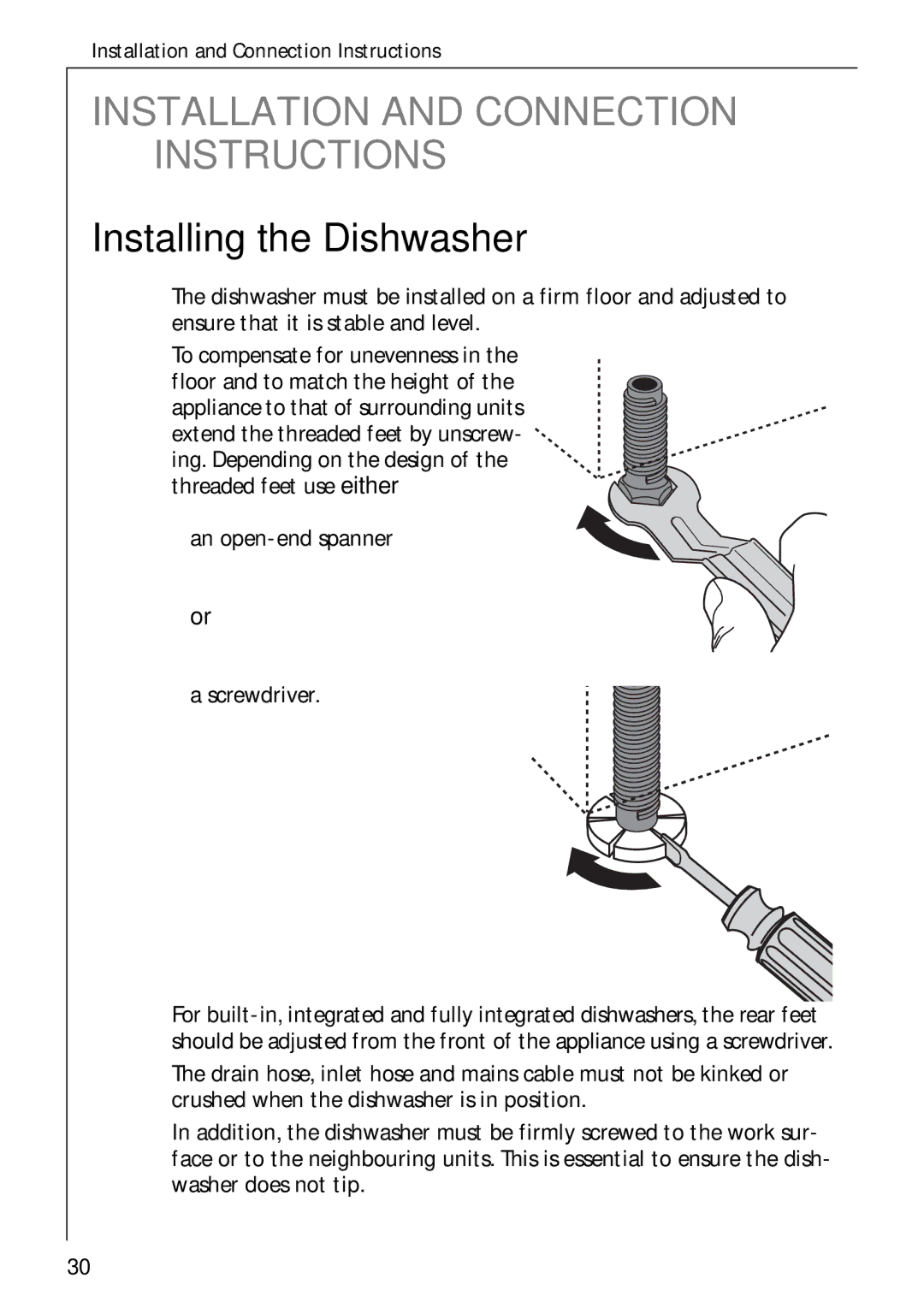 Electrolux 50750 VI manual Installing the Dishwasher, An open-end spanner Screwdriver 