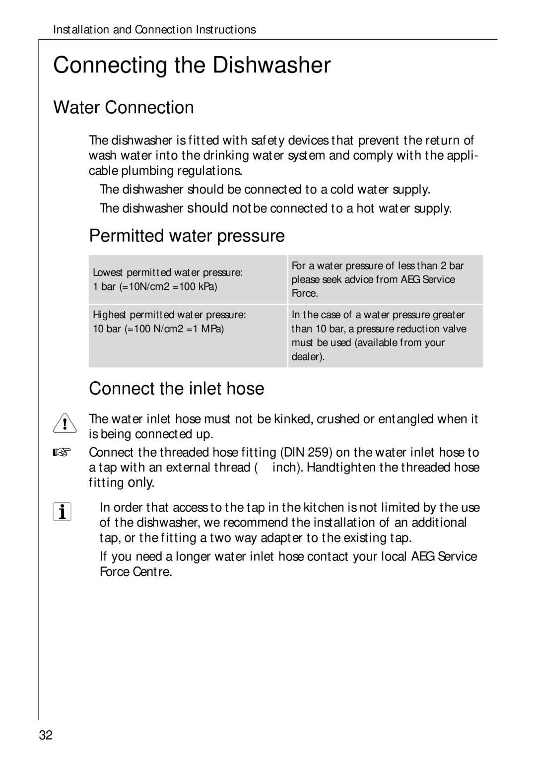 Electrolux 50750 VI manual Connecting the Dishwasher, Water Connection, Permitted water pressure, Connect the inlet hose 