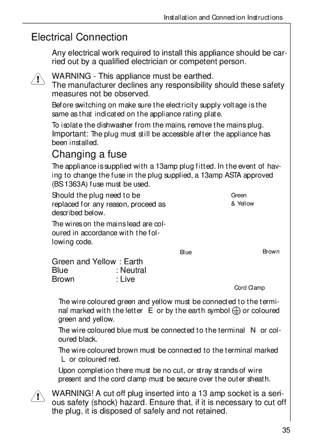 Electrolux 50750 VI manual Electrical Connection, Changing a fuse 