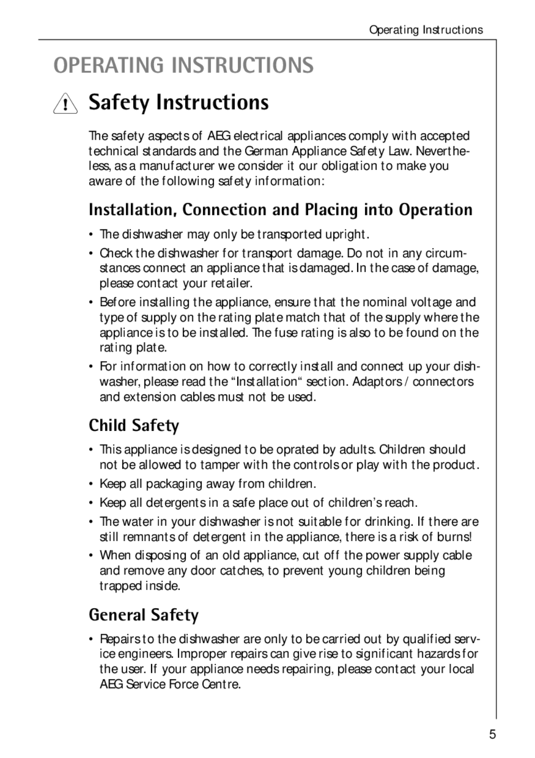 Electrolux 50750 VI Safety Instructions, Installation, Connection and Placing into Operation, Child Safety, General Safety 