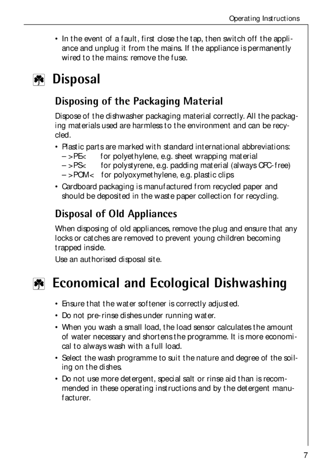 Electrolux 50750 VI manual Disposal, Economical and Ecological Dishwashing, Disposing of the Packaging Material 