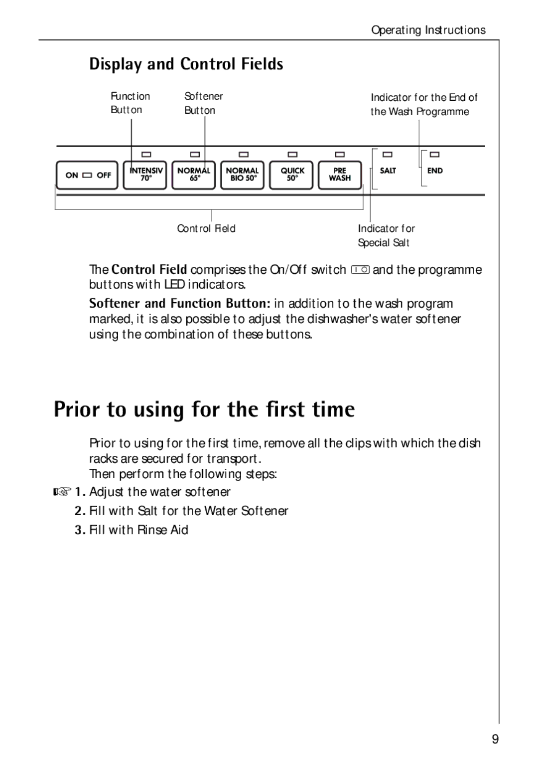 Electrolux 50750 VI manual Prior to using for the first time, Display and Control Fields 