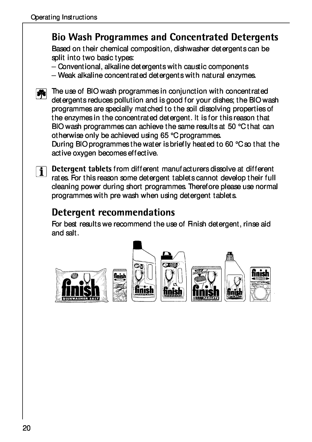 Electrolux 50750 VI manual Bio Wash Programmes and Concentrated Detergents, Detergent recommendations 