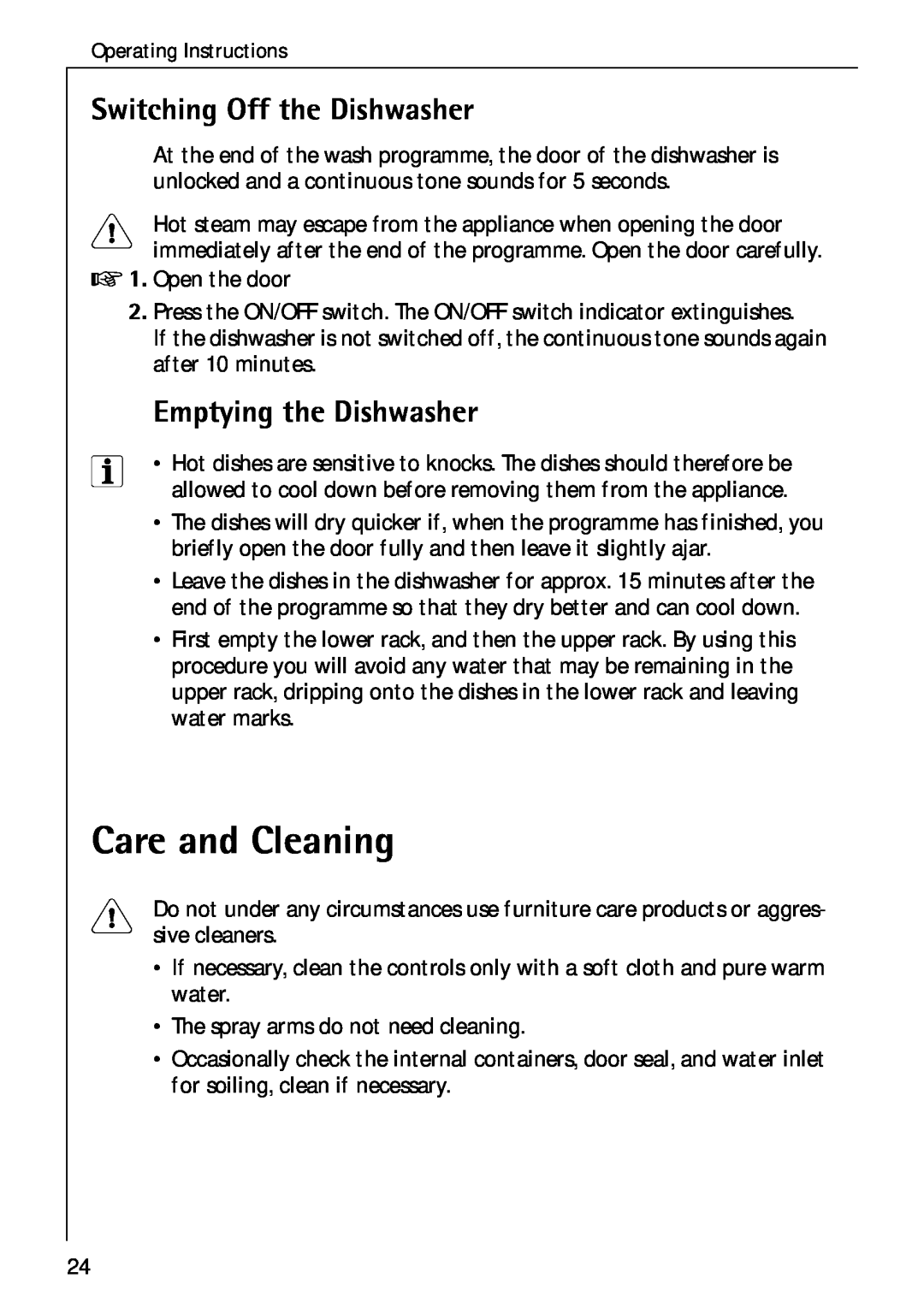 Electrolux 50750 VI manual Care and Cleaning, Switching Off the Dishwasher, Emptying the Dishwasher 