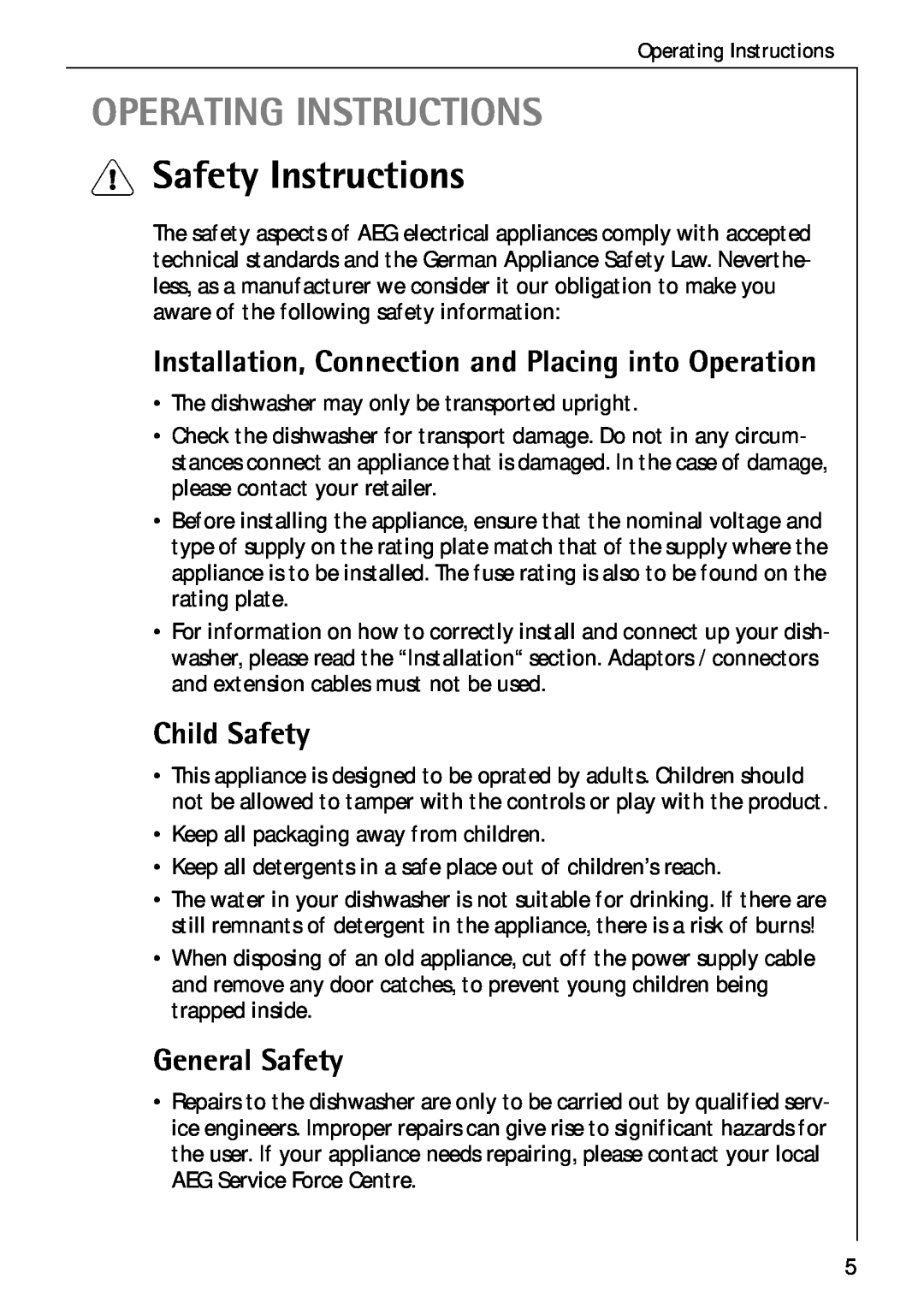 Electrolux 50750 VI manual Operating Instructions, Safety Instructions, Installation, Connection and Placing into Operation 
