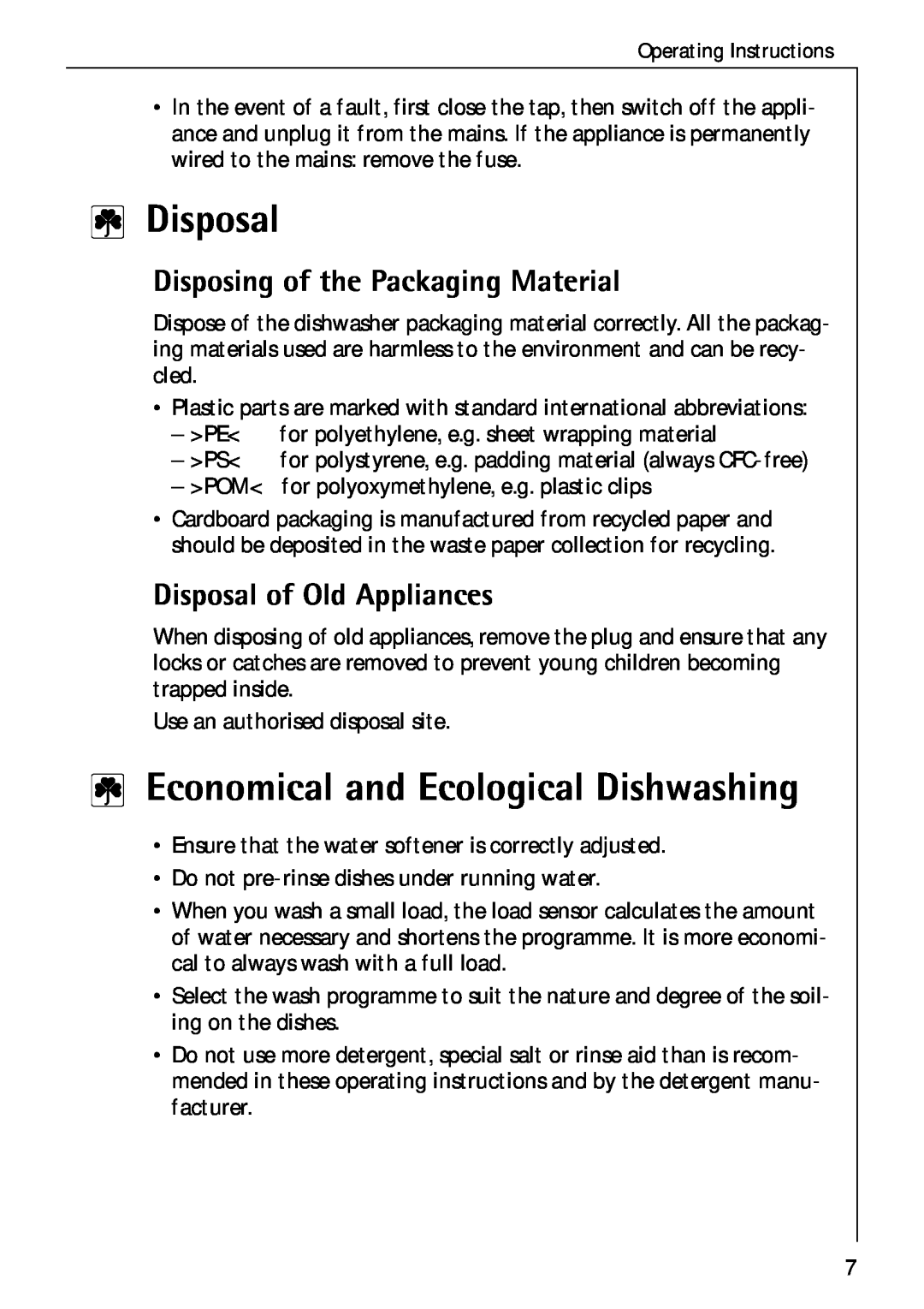 Electrolux 50750 VI manual Disposal, Economical and Ecological Dishwashing, Disposing of the Packaging Material 