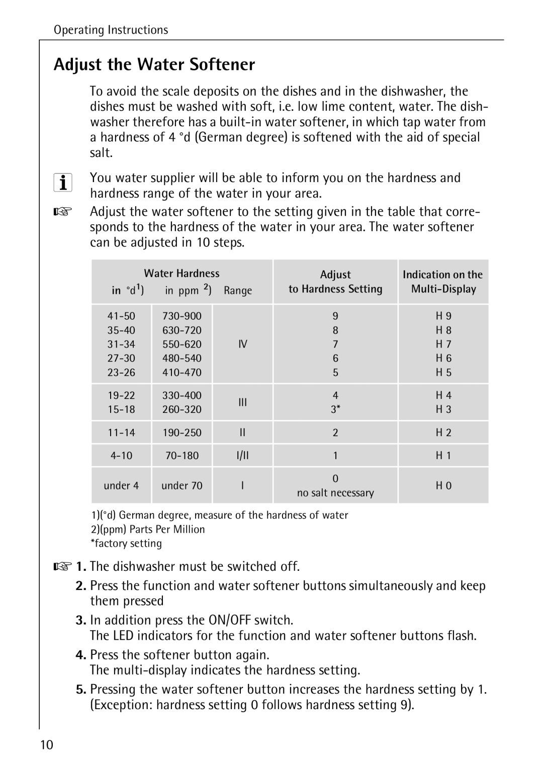 Electrolux 50760 i manual Adjust the Water Softener, Salt, Hardness range of the water in your area 