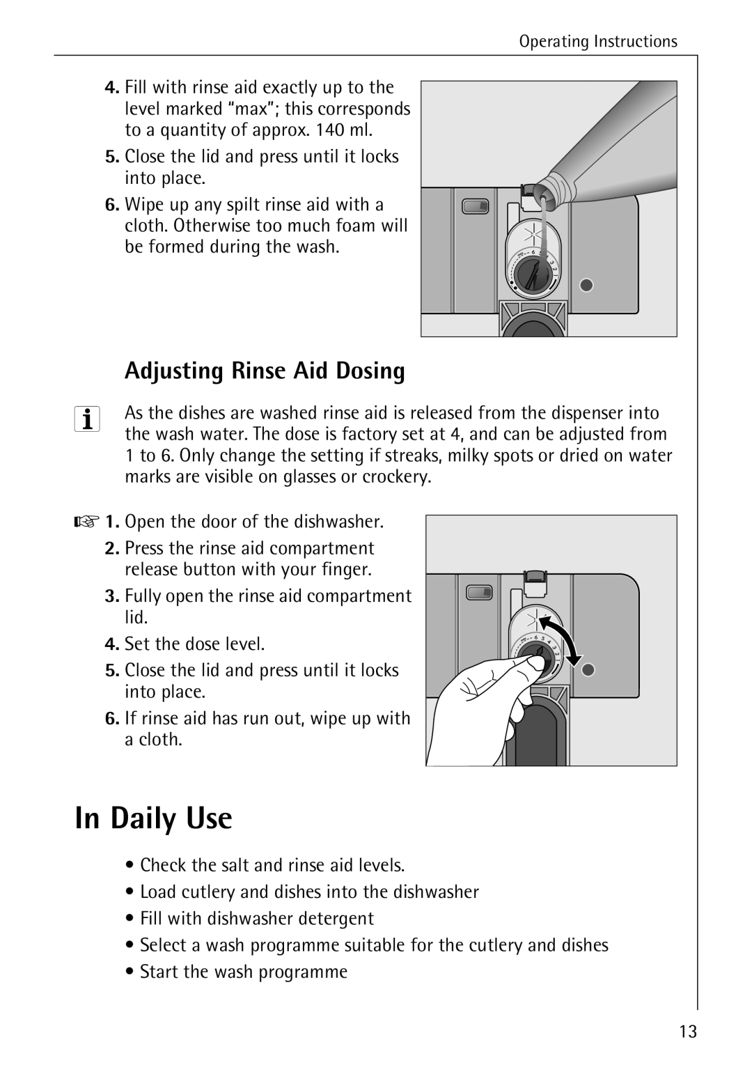 Electrolux 50760 i manual Daily Use, Adjusting Rinse Aid Dosing 