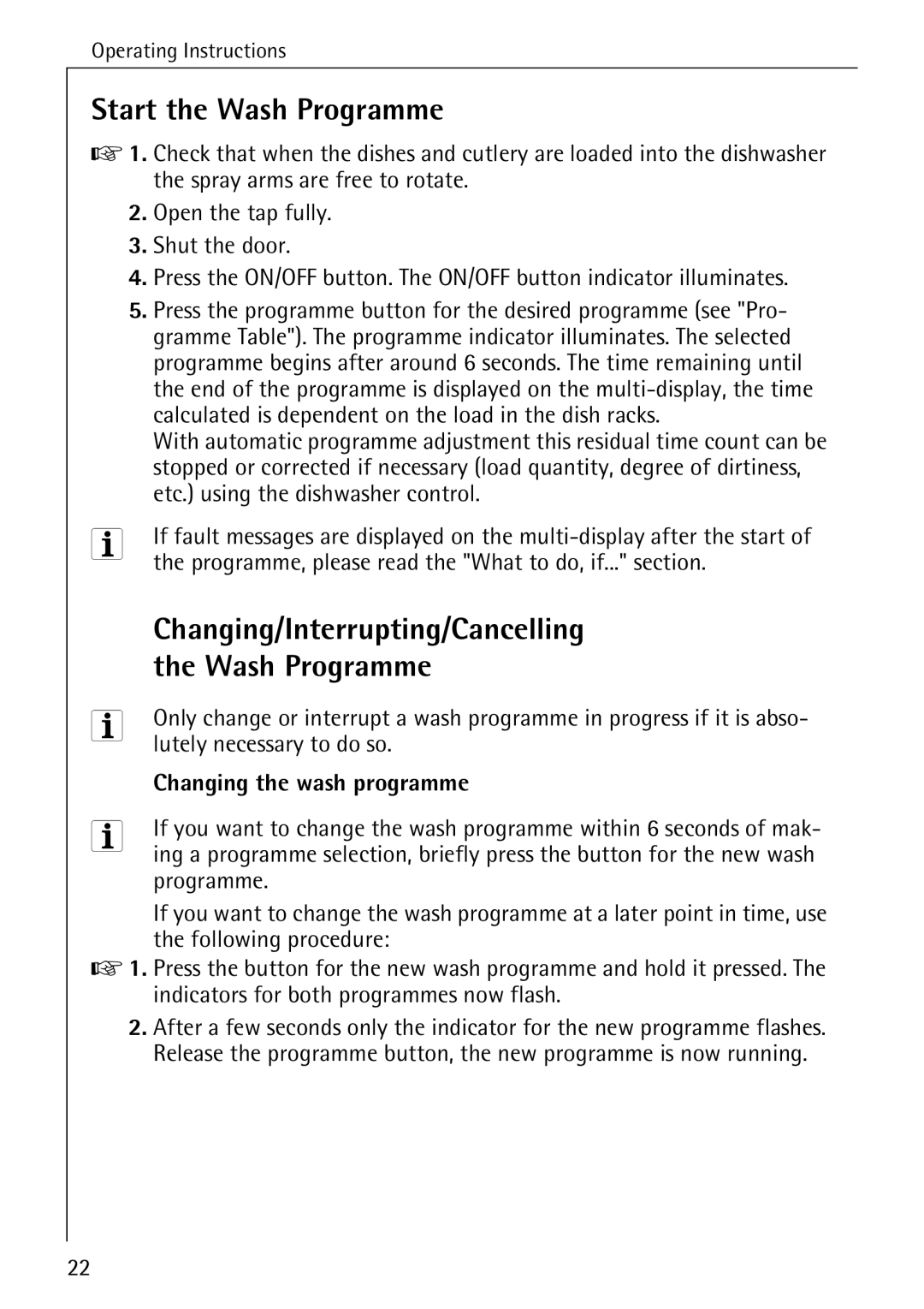 Electrolux 50760 i manual Start the Wash Programme, Changing/Interrupting/Cancelling, Changing the wash programme 