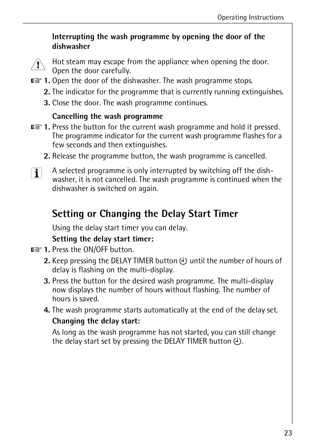 Electrolux 50760 i manual Setting or Changing the Delay Start Timer 