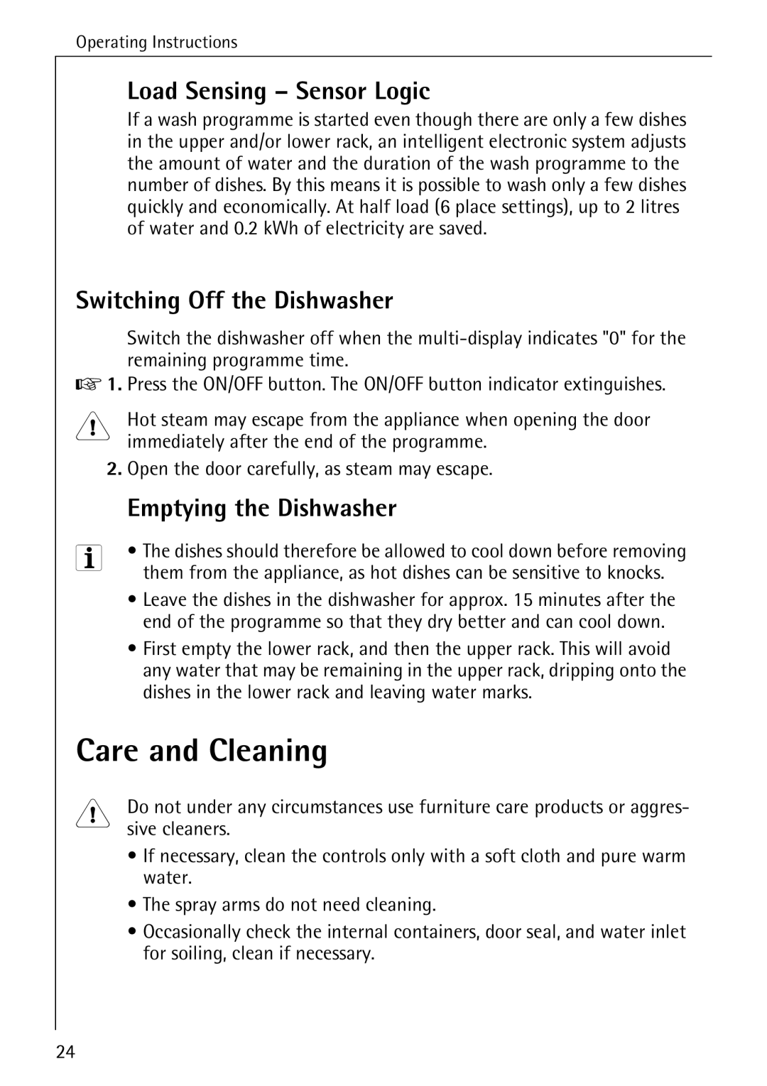 Electrolux 50760 i Care and Cleaning, Load Sensing Sensor Logic, Switching Off the Dishwasher, Emptying the Dishwasher 