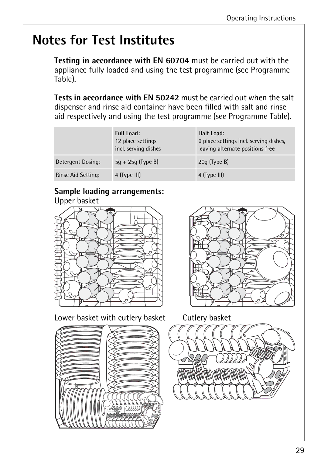 Electrolux 50760 i manual Sample loading arrangements, Upper basket Lower basket with cutlery basket 