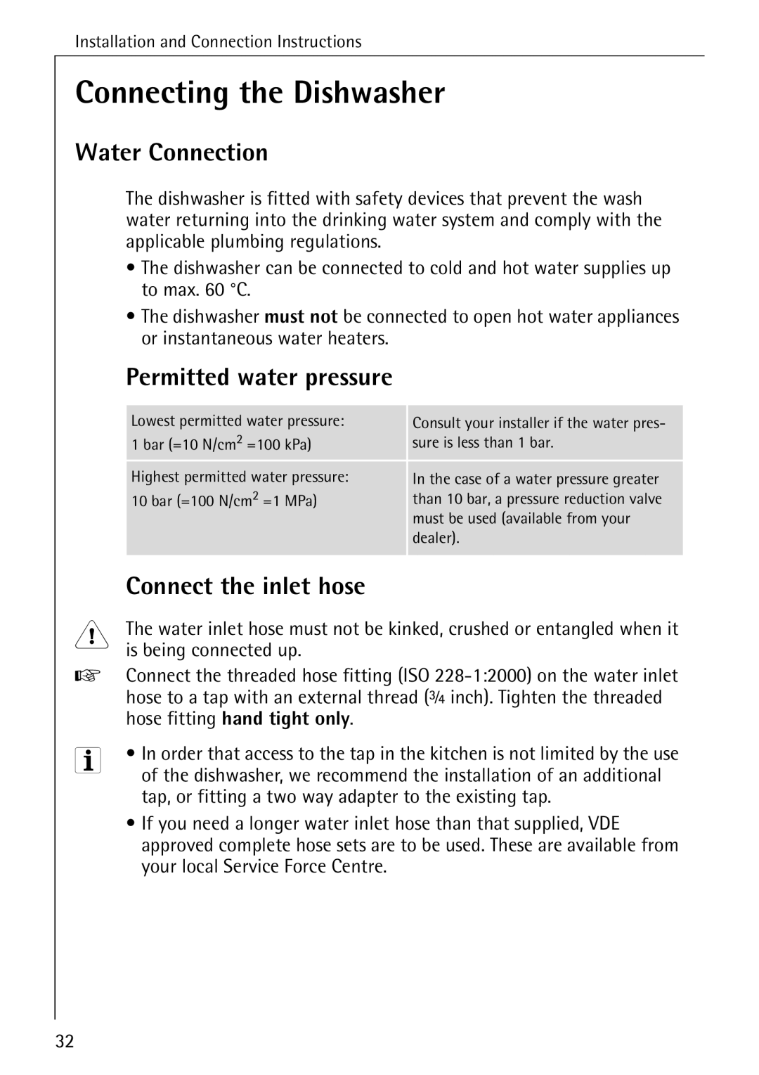 Electrolux 50760 i manual Connecting the Dishwasher, Water Connection, Permitted water pressure, Connect the inlet hose 