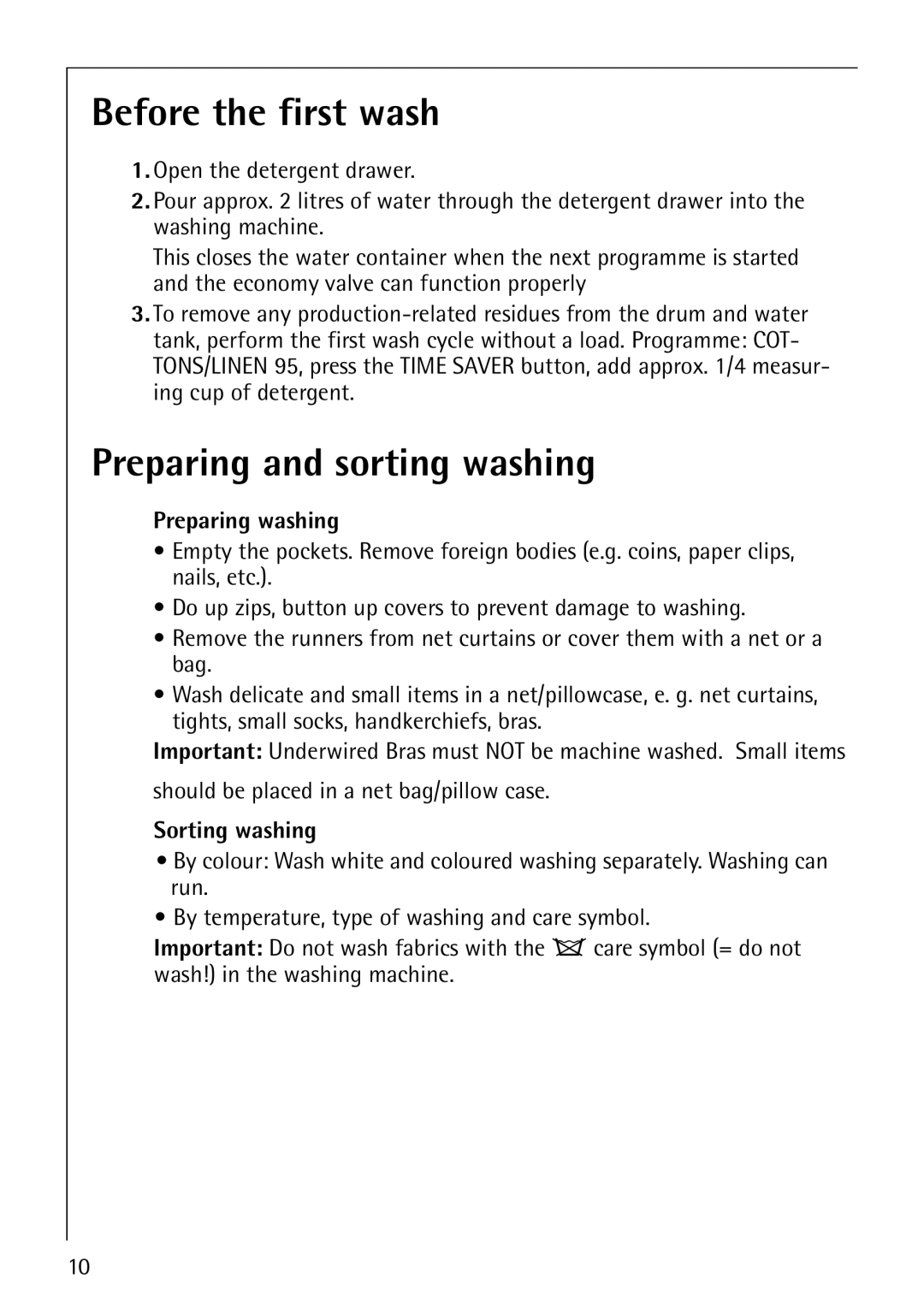 Electrolux 50815 manual Before the first wash, Preparing and sorting washing, Preparing washing, Sorting washing 