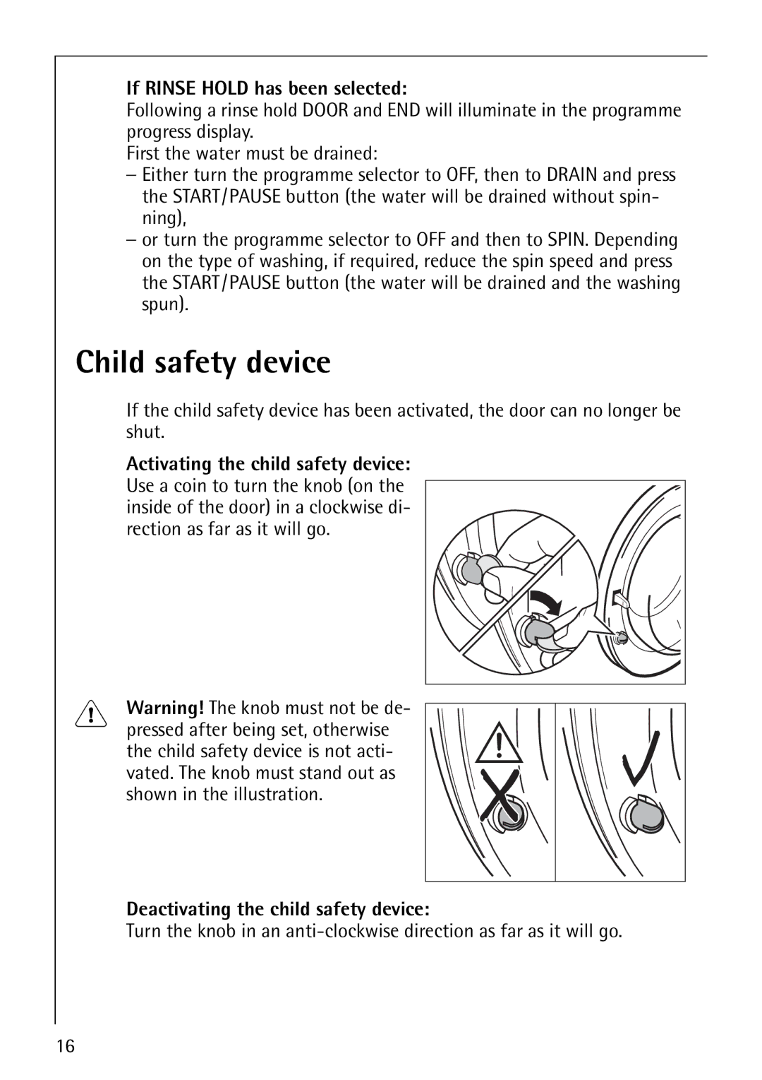 Electrolux 50815 manual Child safety device, If Rinse Hold has been selected, Deactivating the child safety device 