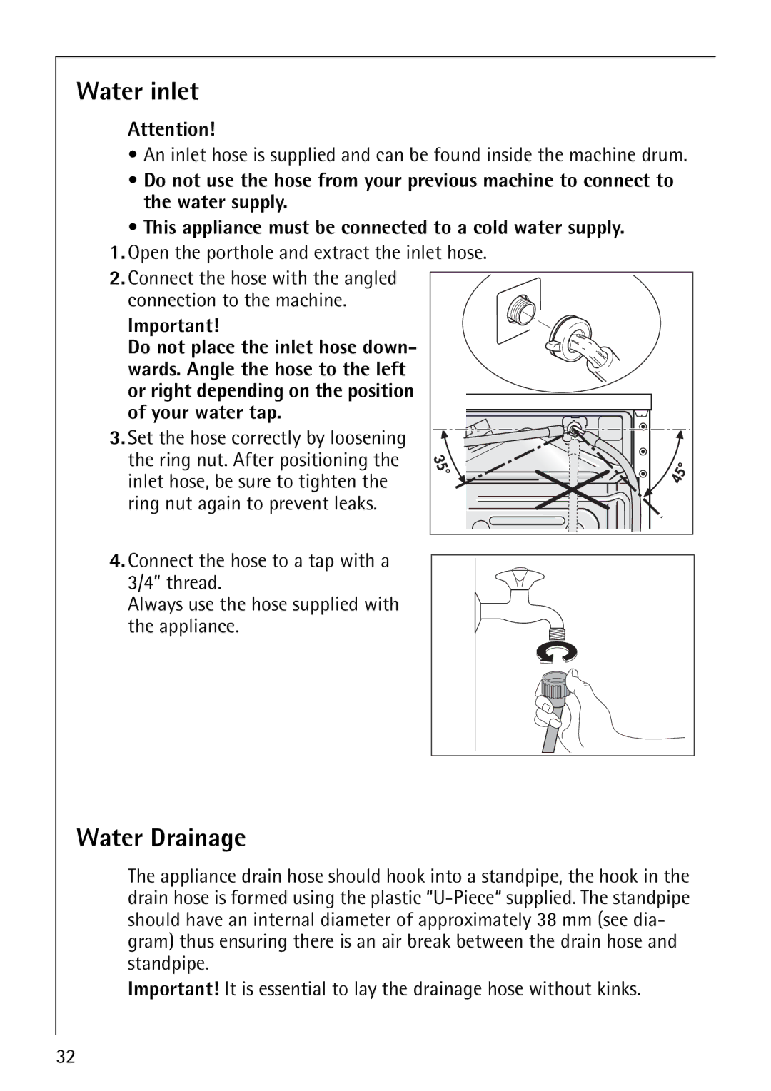 Electrolux 50815 manual Water inlet, Water Drainage, Open the porthole and extract the inlet hose 