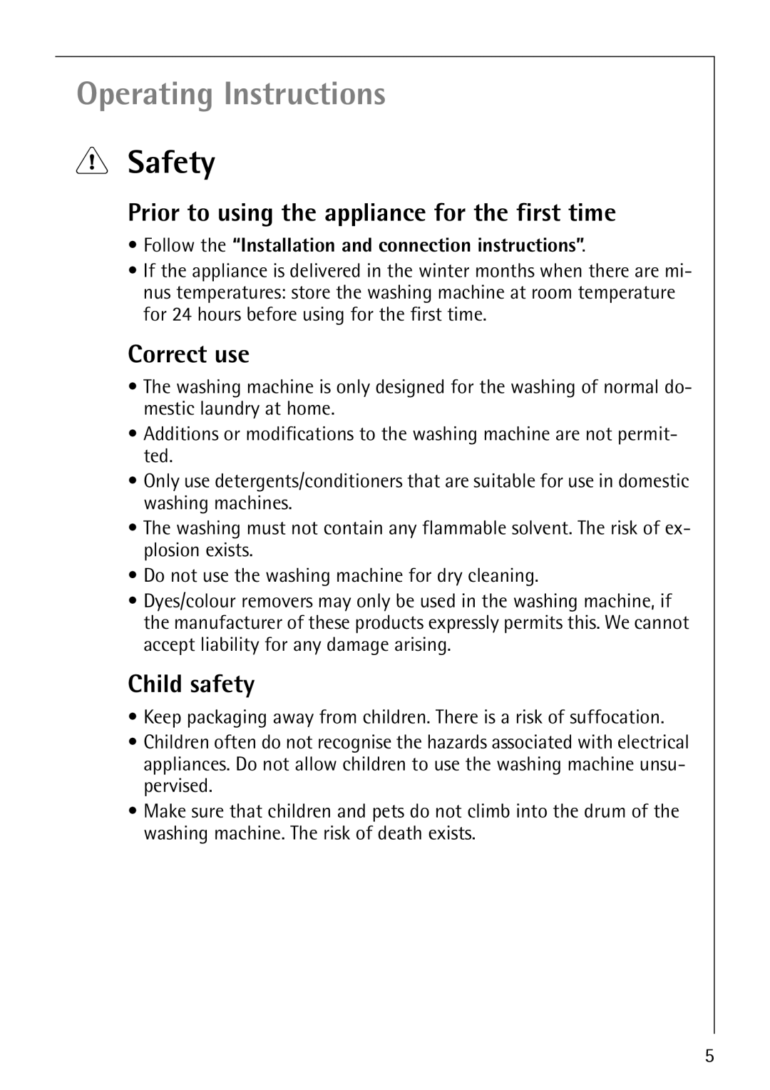 Electrolux 50815 manual Safety, Prior to using the appliance for the first time, Correct use, Child safety 