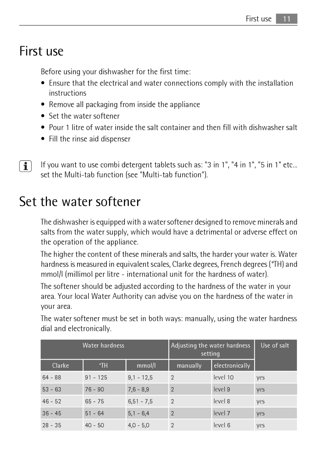 Electrolux 50870 user manual First use, Set the water softener 