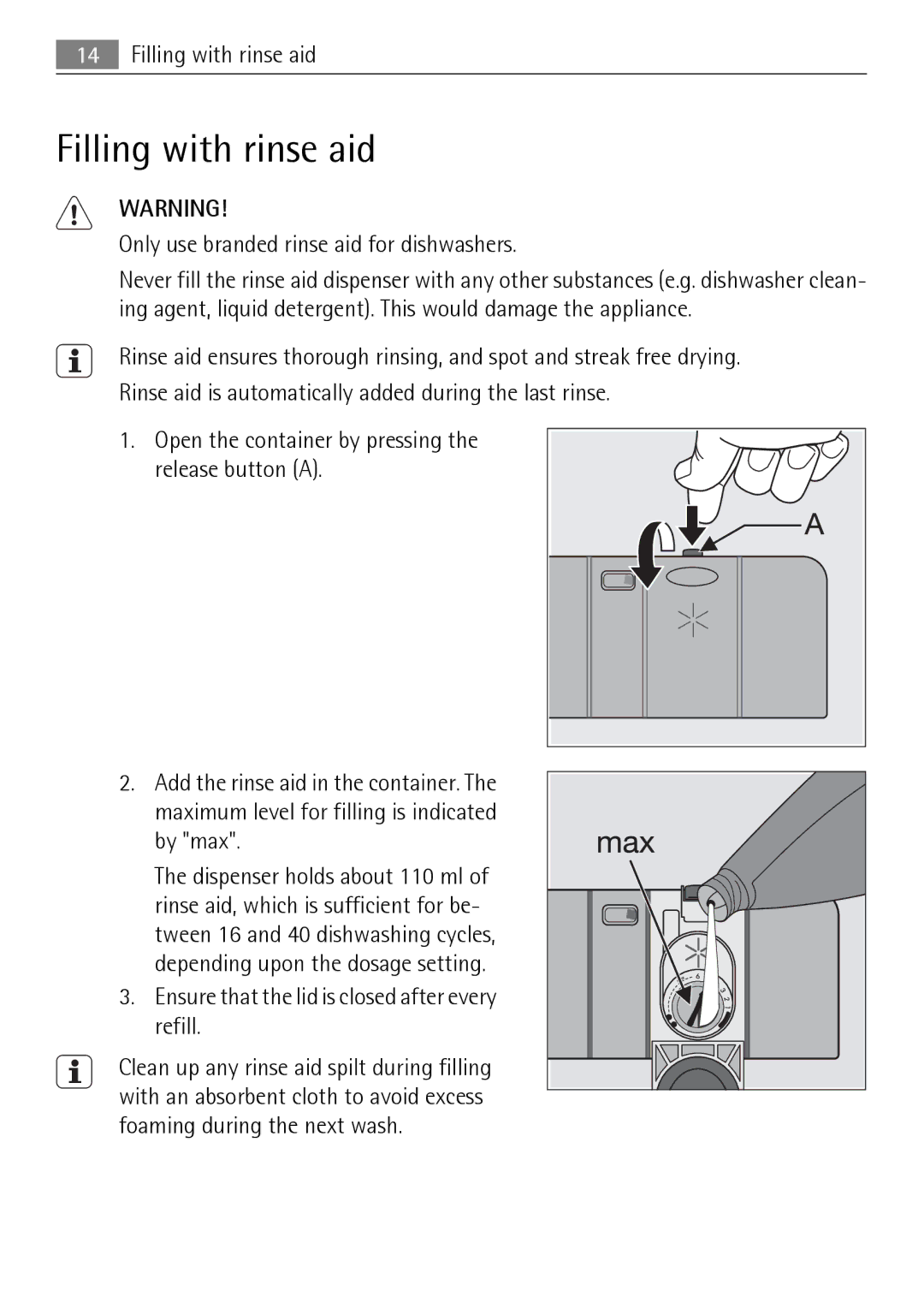 Electrolux 50870 user manual Filling with rinse aid, Only use branded rinse aid for dishwashers 