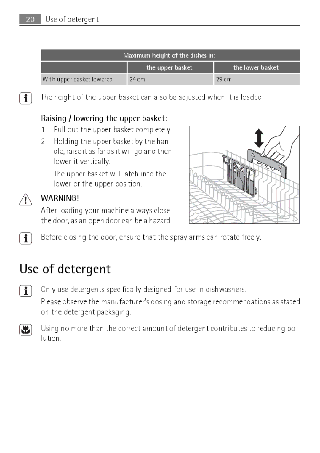 Electrolux 50870 user manual Use of detergent, Raising / lowering the upper basket 