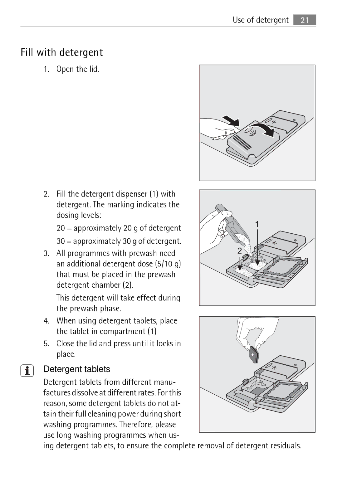 Electrolux 50870 user manual Fill with detergent, Detergent tablets 