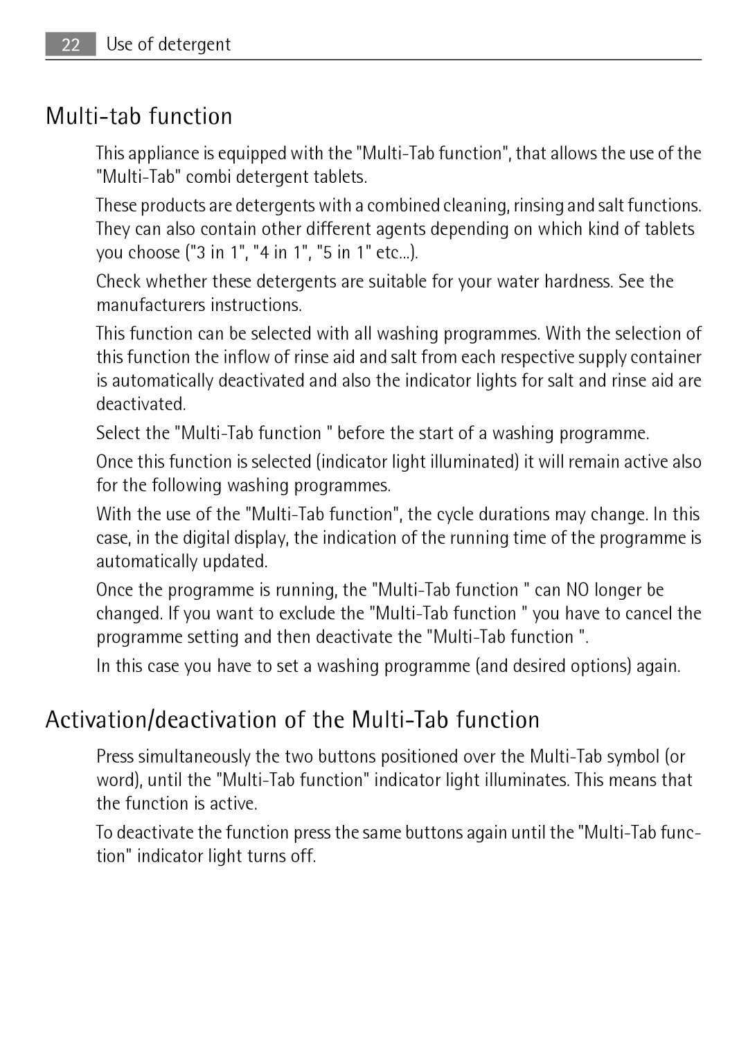 Electrolux 50870 user manual Multi-tab function, Activation/deactivation of the Multi-Tab function 