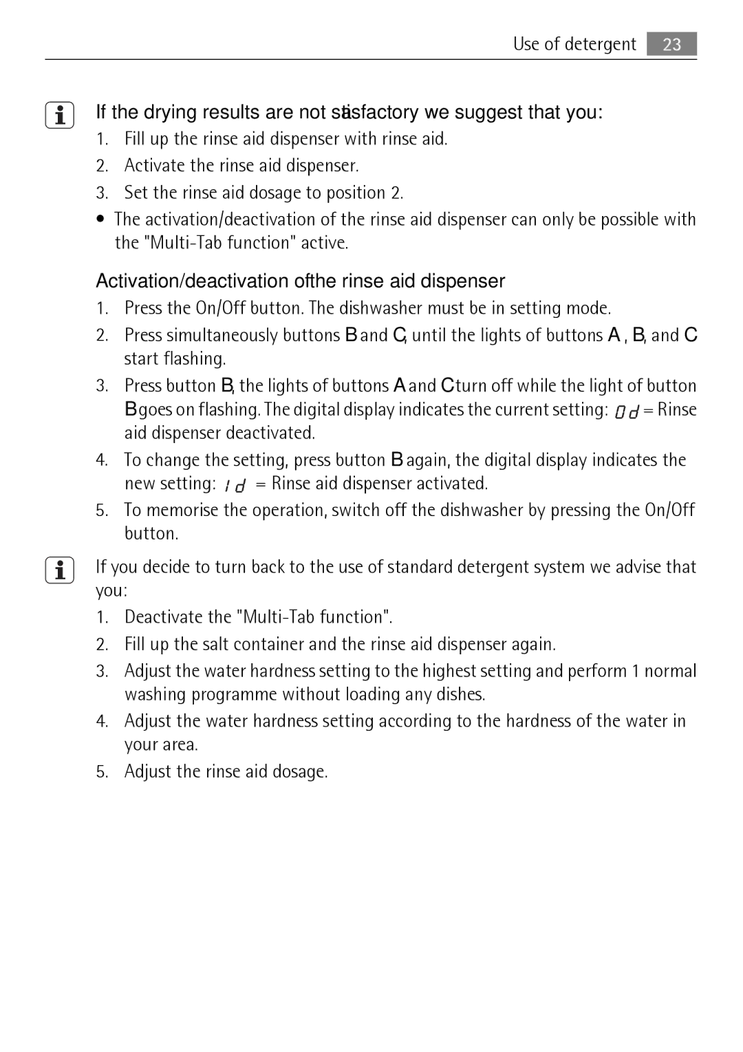 Electrolux 50870 user manual Activation/deactivation of the rinse aid dispenser 