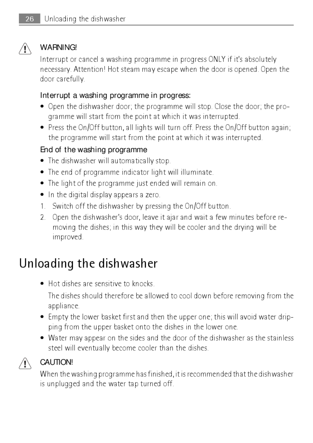 Electrolux 50870 Unloading the dishwasher, Interrupt a washing programme in progress, End of the washing programme 