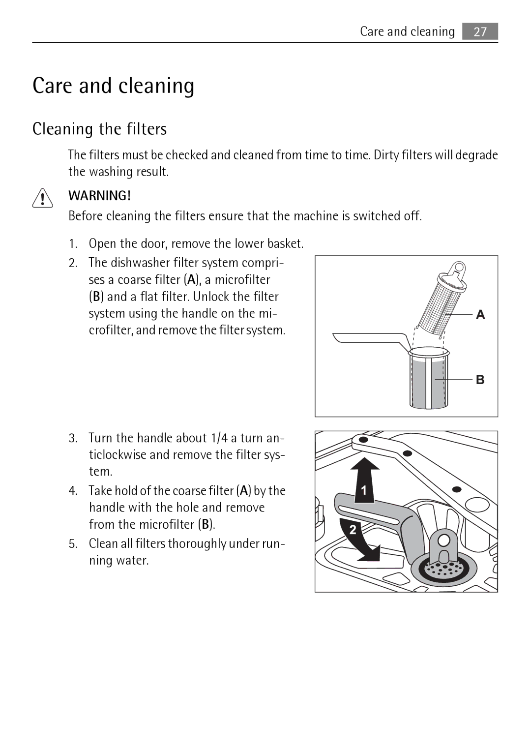 Electrolux 50870 user manual Care and cleaning, Cleaning the filters 