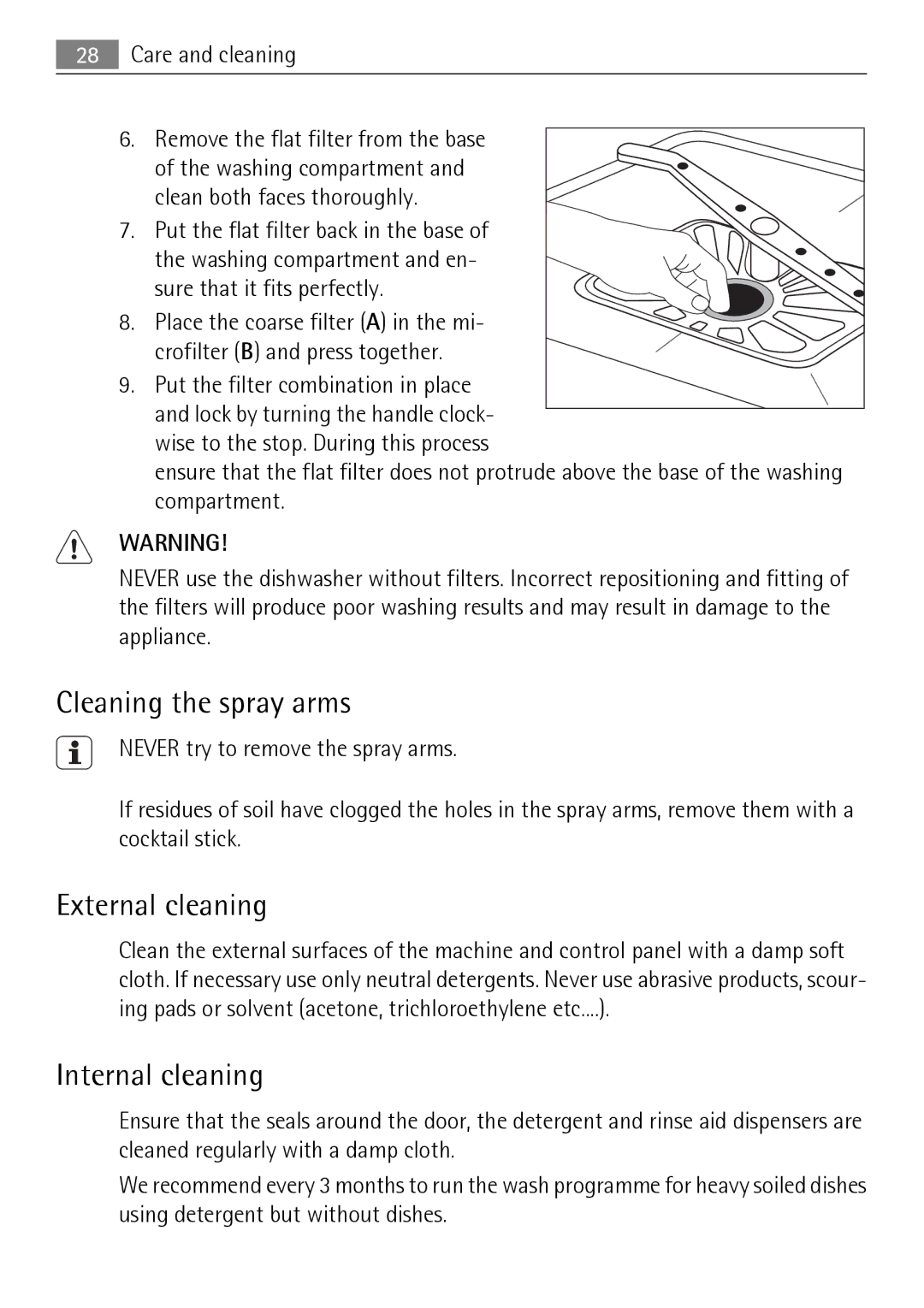 Electrolux 50870 user manual Cleaning the spray arms, External cleaning, Internal cleaning 