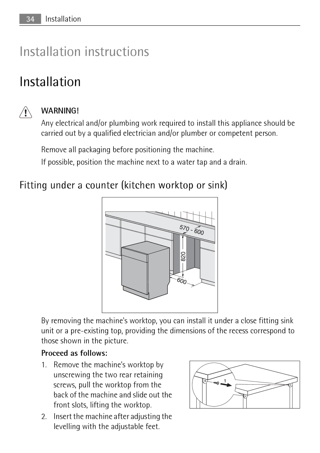 Electrolux 50870 user manual Installation, Fitting under a counter kitchen worktop or sink, Proceed as follows 