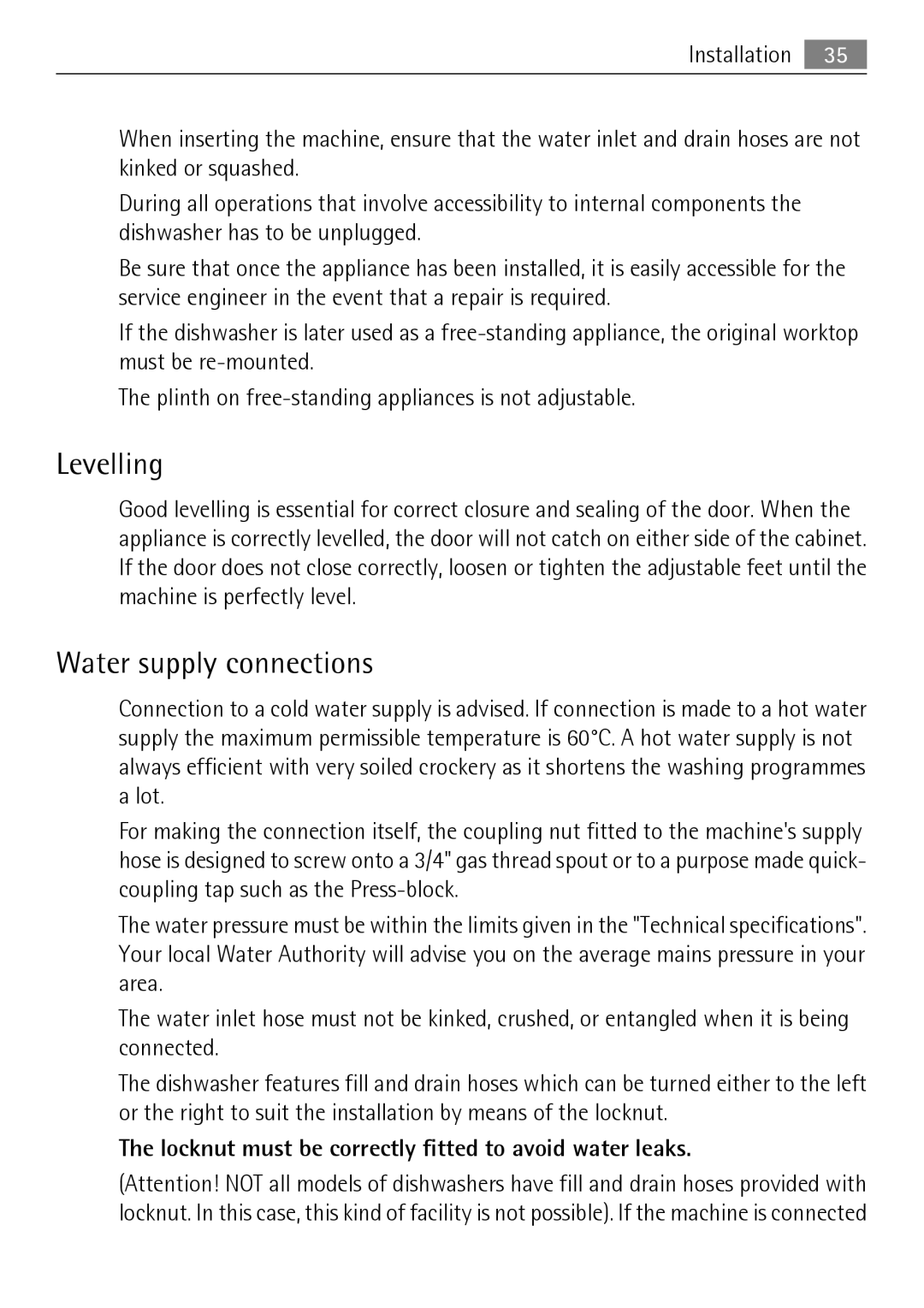 Electrolux 50870 user manual Levelling, Water supply connections, Locknut must be correctly fitted to avoid water leaks 