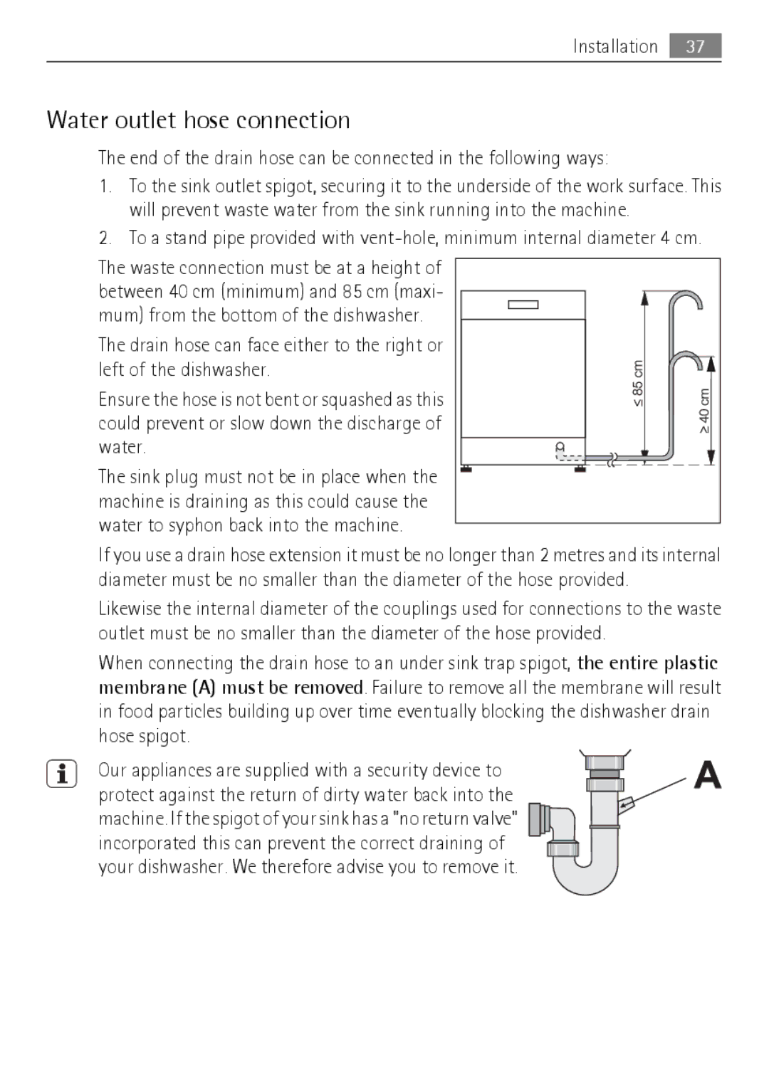 Electrolux 50870 user manual Water outlet hose connection, Water to syphon back into the machine 