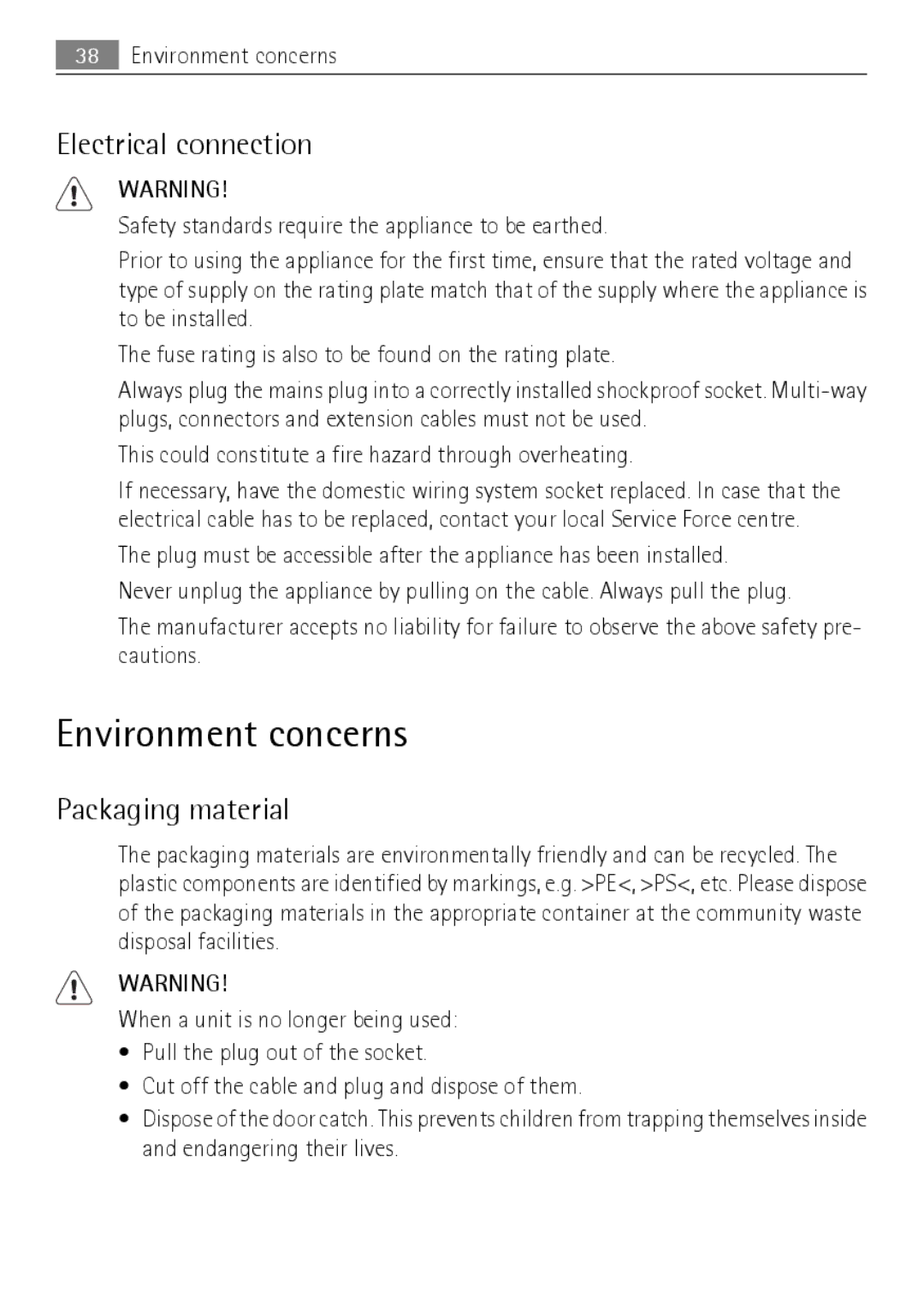 Electrolux 50870 user manual Environment concerns, Electrical connection, Packaging material 