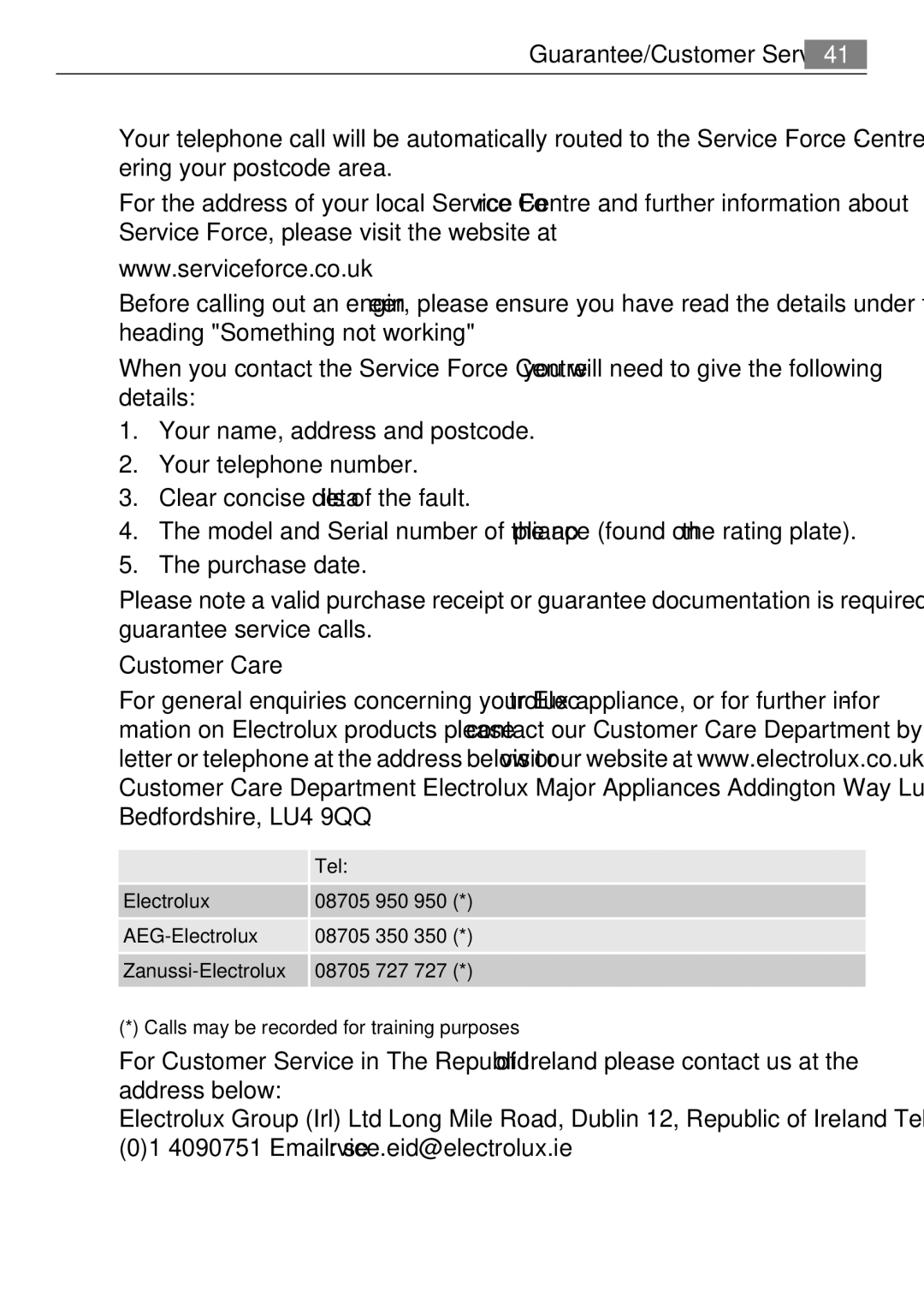 Electrolux 50870 user manual Customer Care 