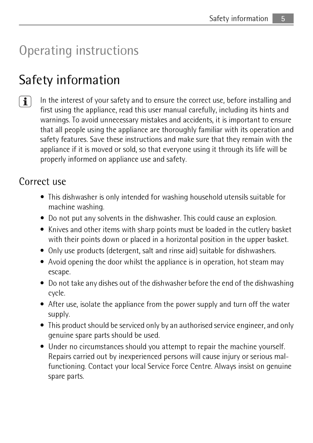 Electrolux 50870 user manual Safety information, Correct use 