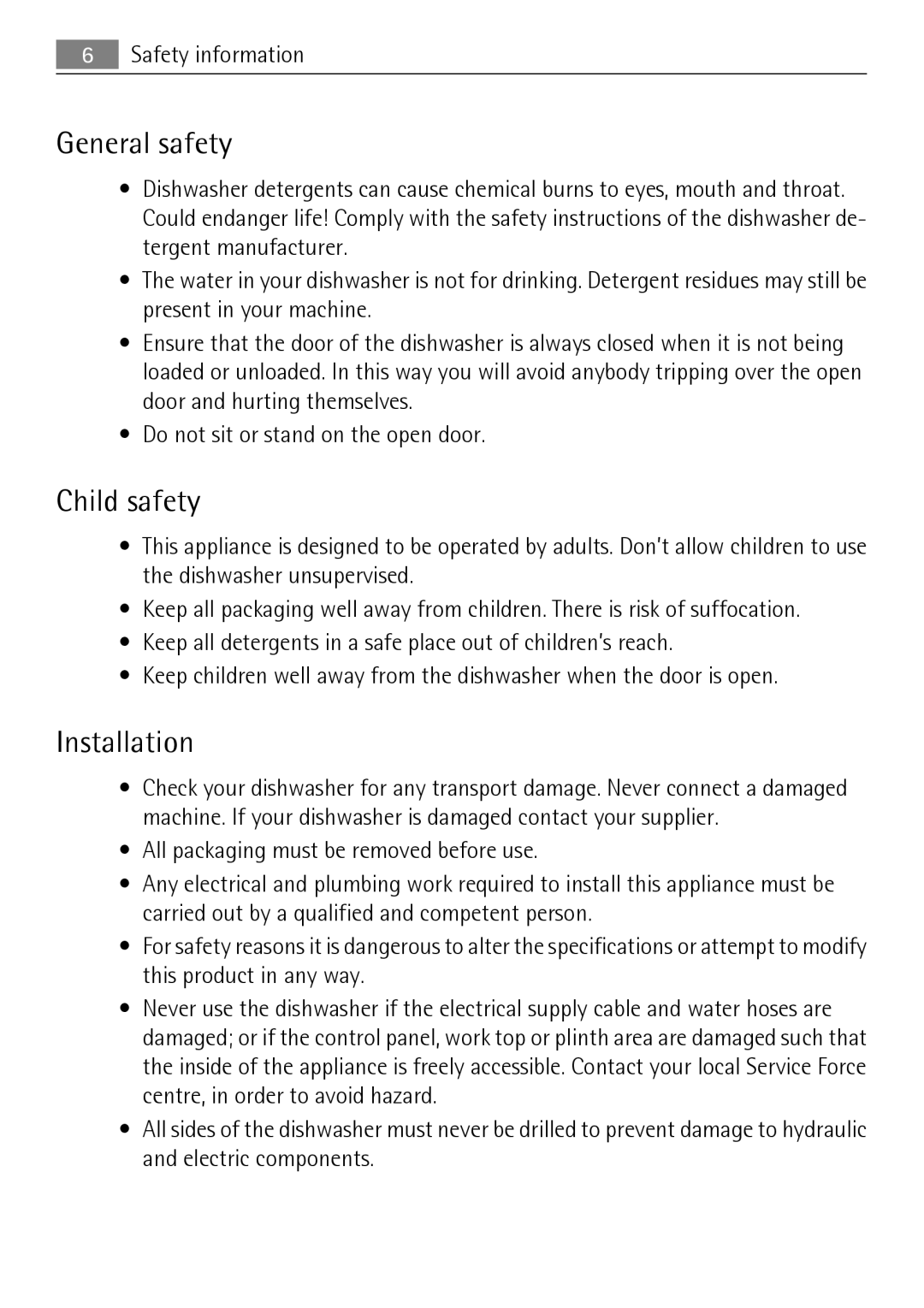 Electrolux 50870 user manual General safety, Child safety, Installation 